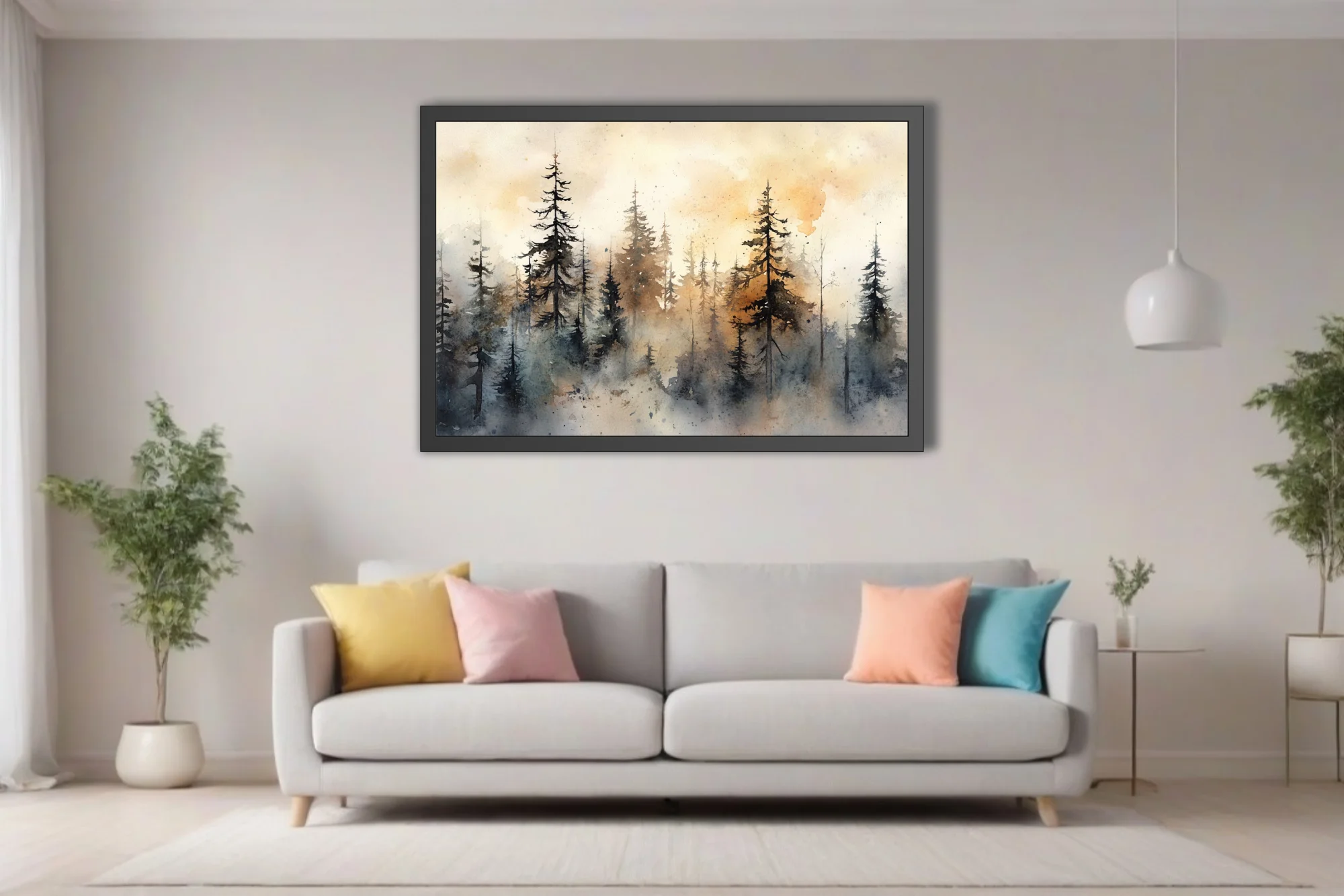 Watercolor-style misty pine forest with amber and grey washes, moody atmospheric landscape