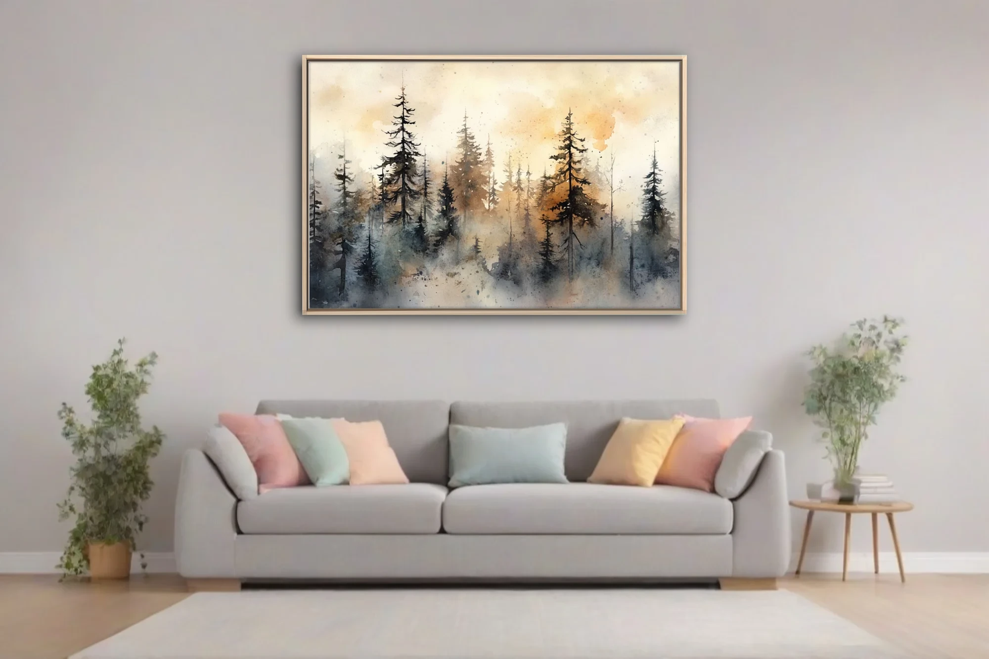 Watercolor-style misty pine forest with amber and grey washes, moody atmospheric landscape