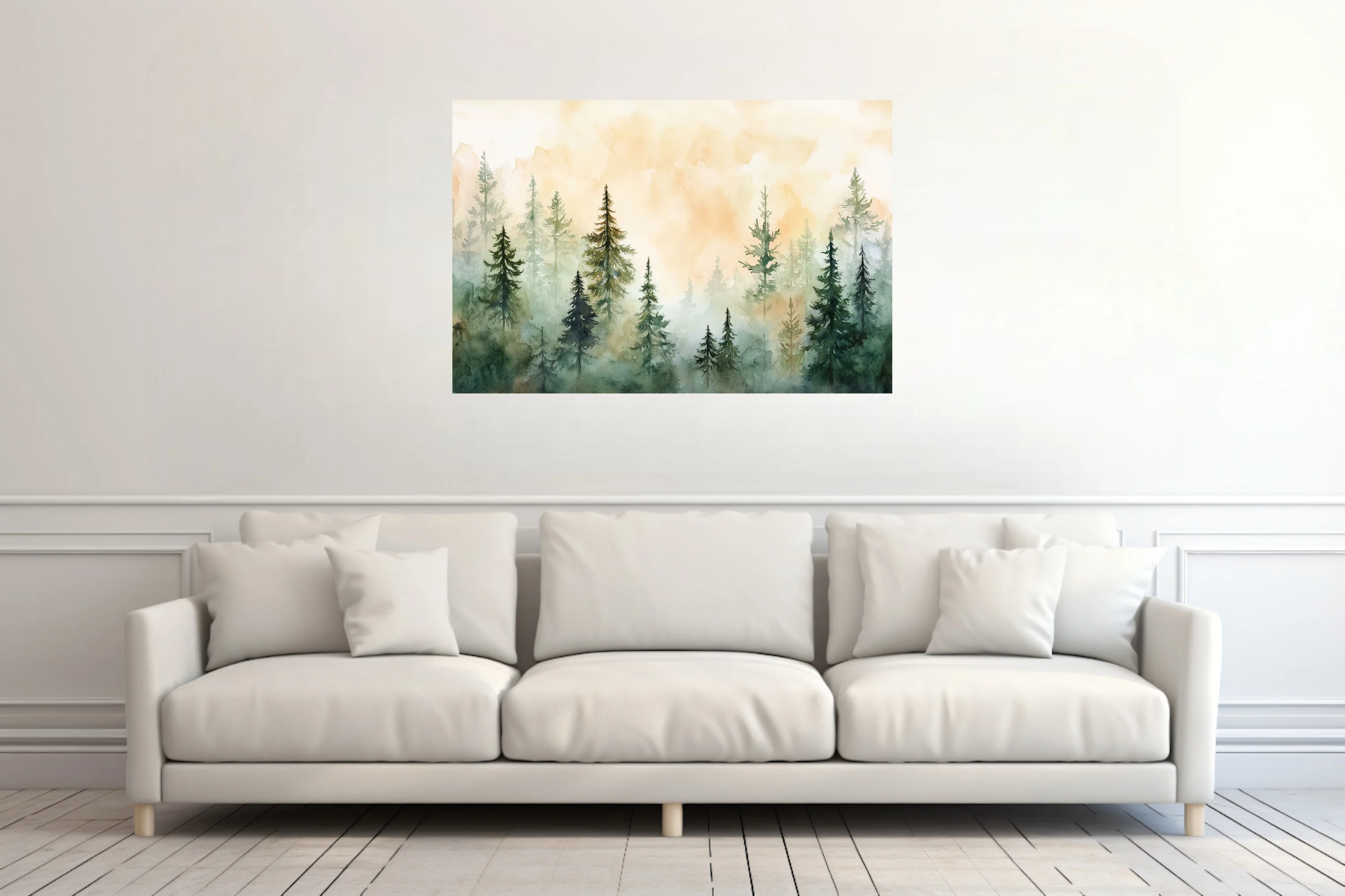 Watercolor-style misty pine forest in soft green and amber tones