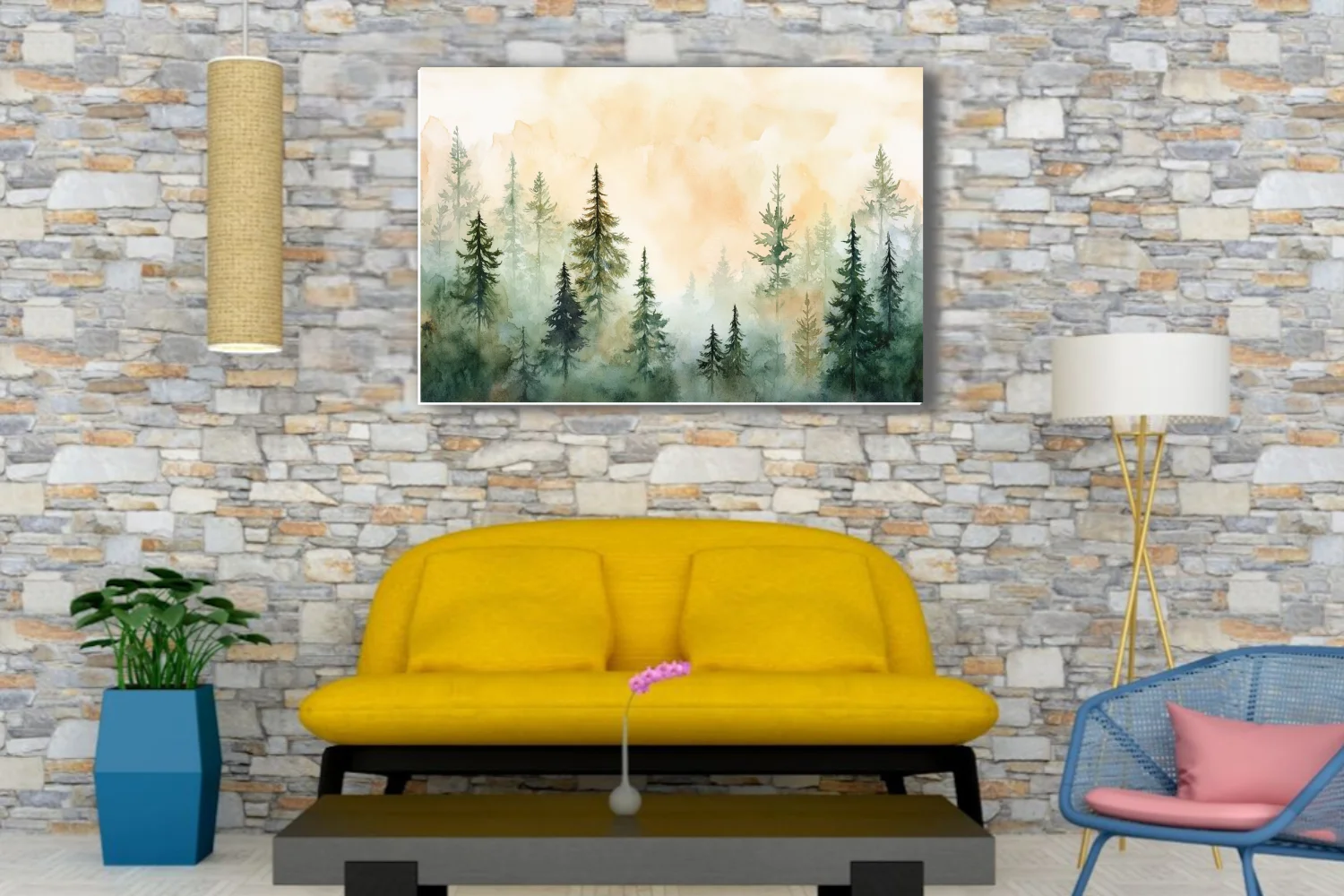 Watercolor-style misty pine forest in soft green and amber tones