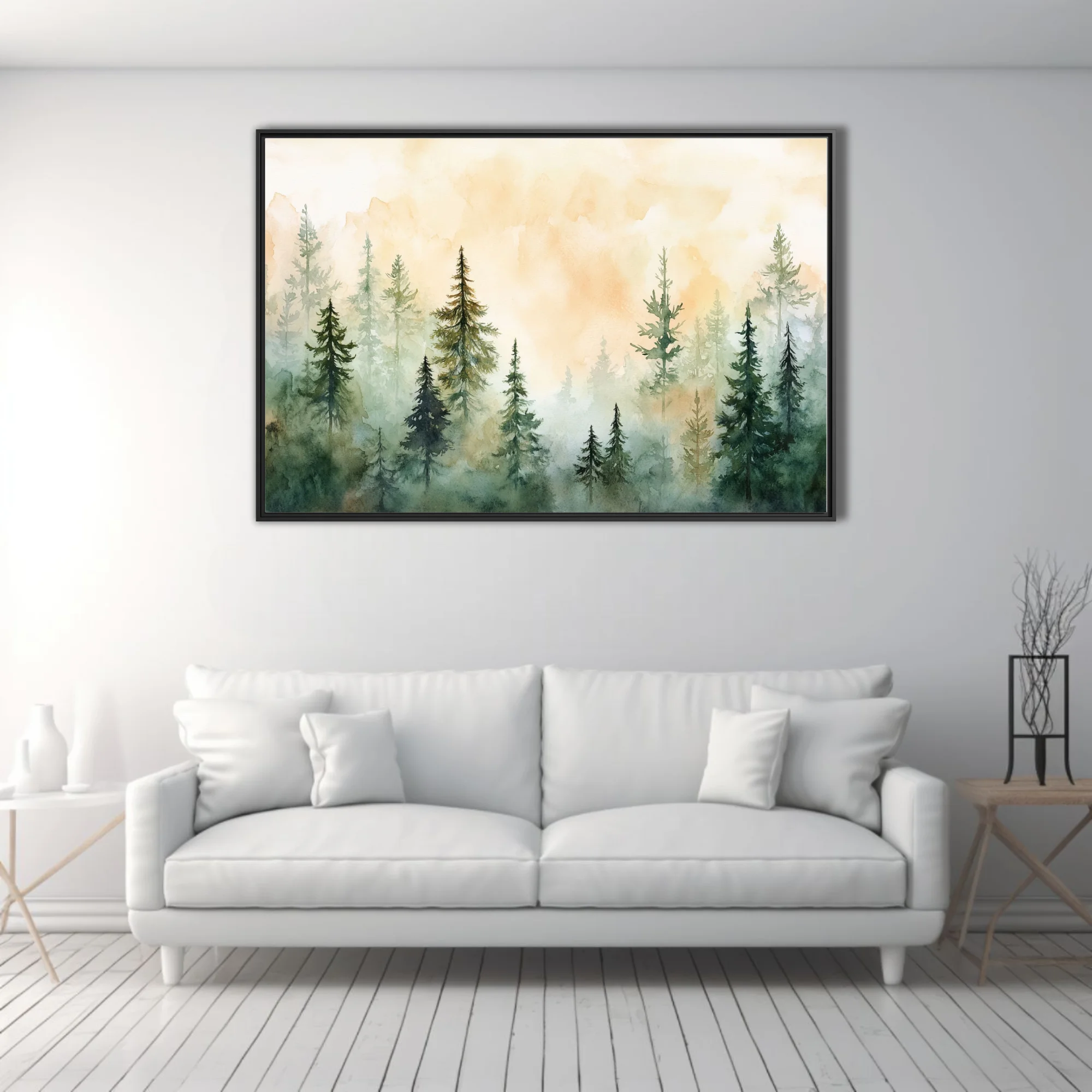 Watercolor-style misty pine forest in soft green and amber tones