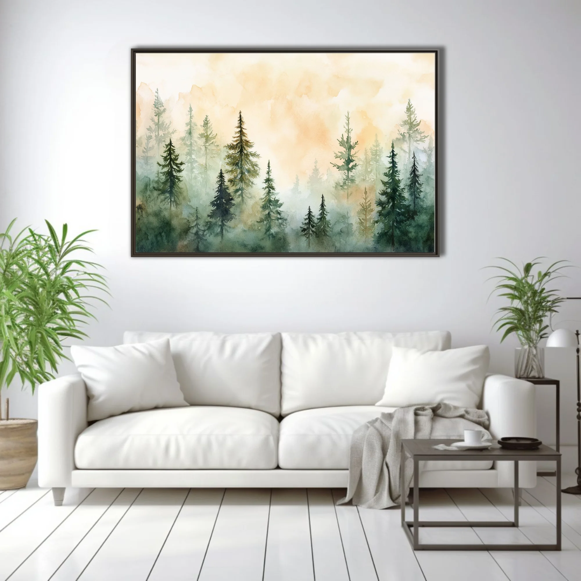 Watercolor-style misty pine forest in soft green and amber tones