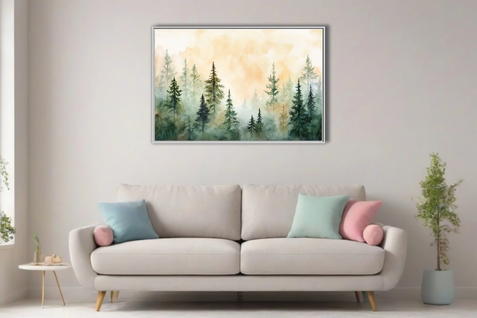 Watercolor-style misty pine forest in soft green and amber tones