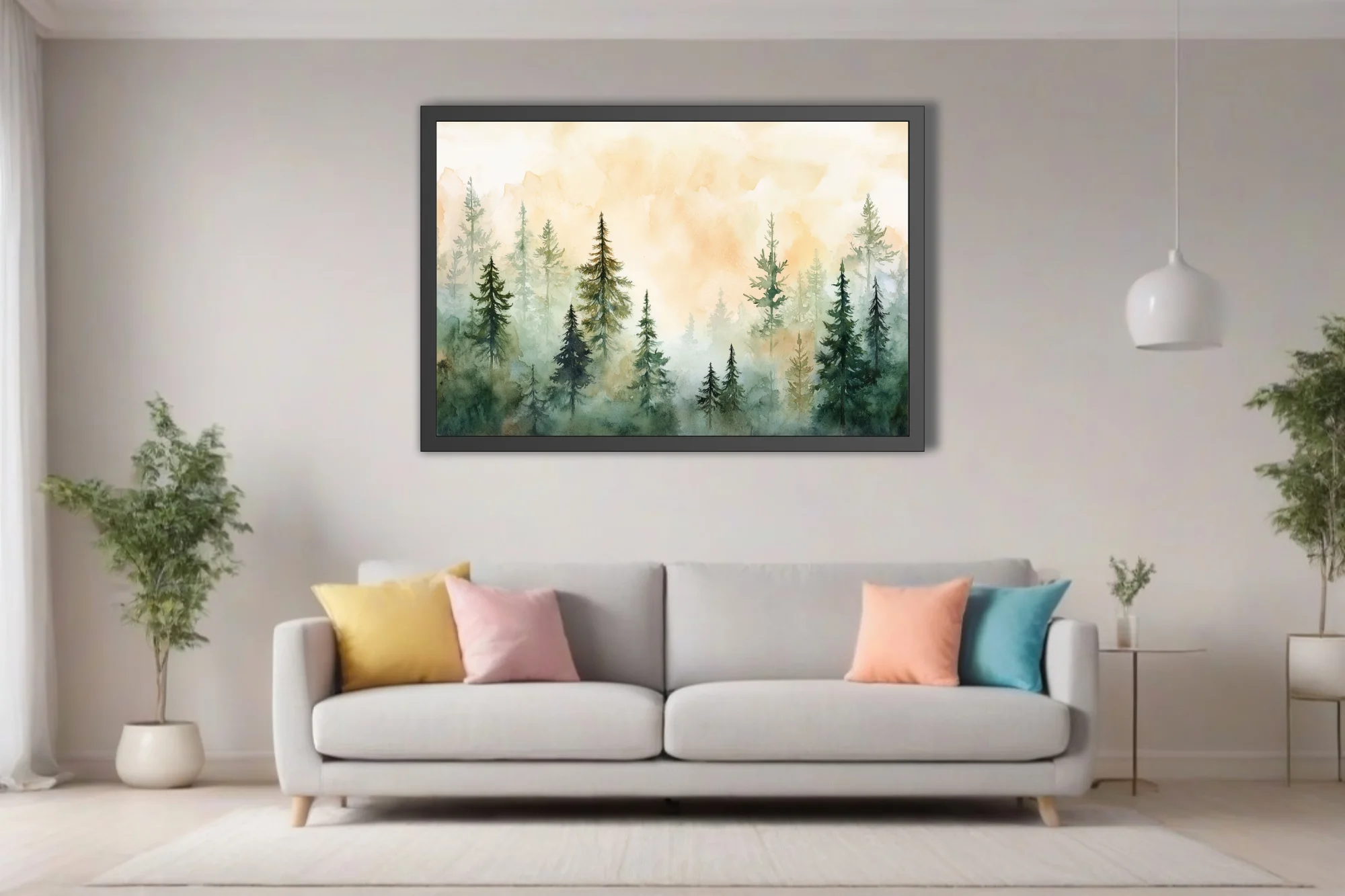 Watercolor-style misty pine forest in soft green and amber tones