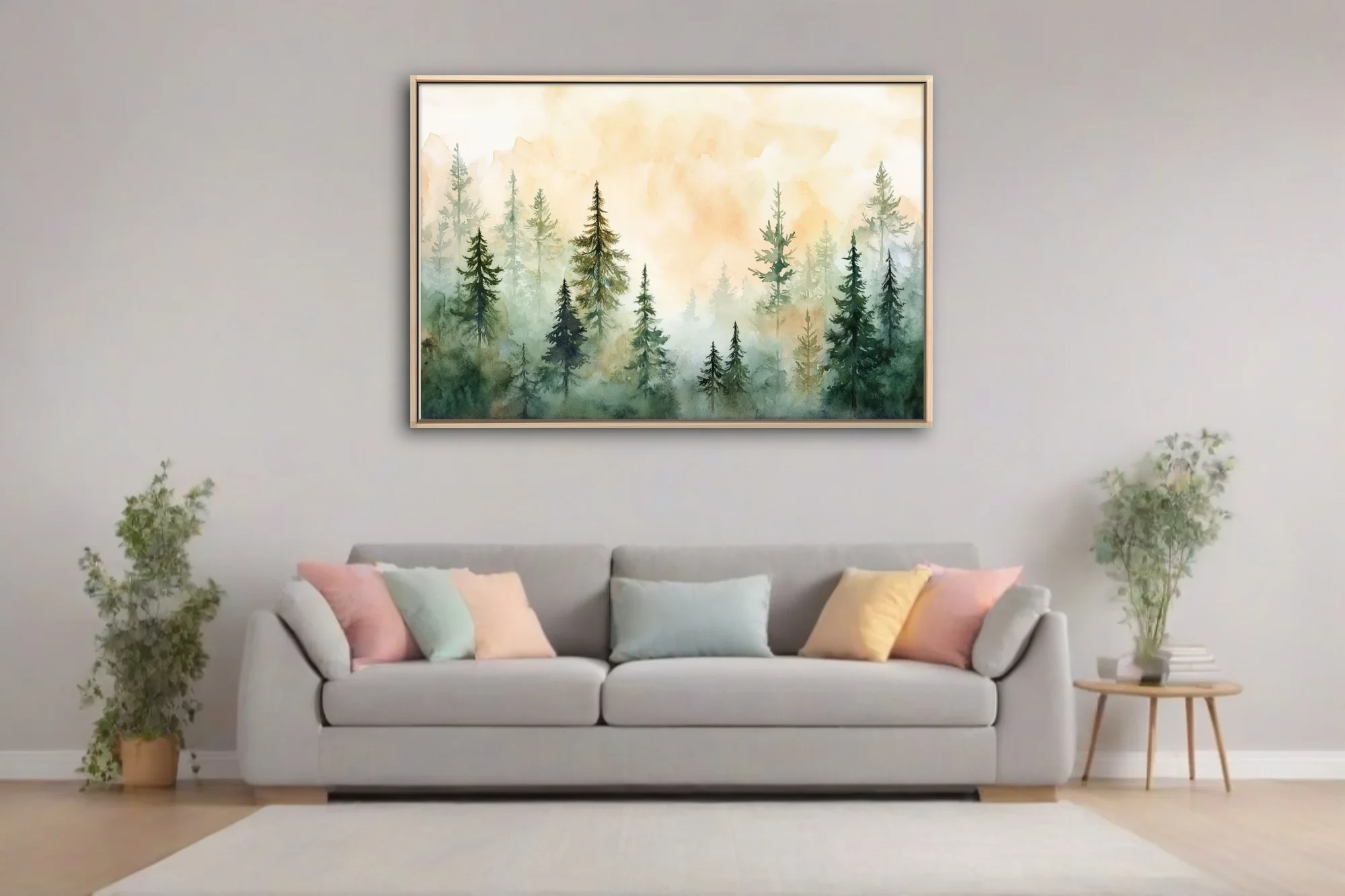 Watercolor-style misty pine forest in soft green and amber tones