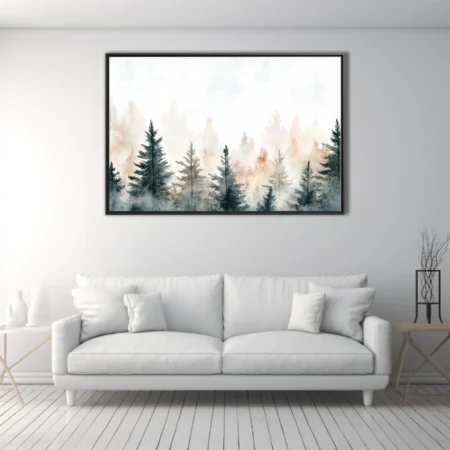 Watercolor-style misty pine forest in muted greens and warm amber tones
