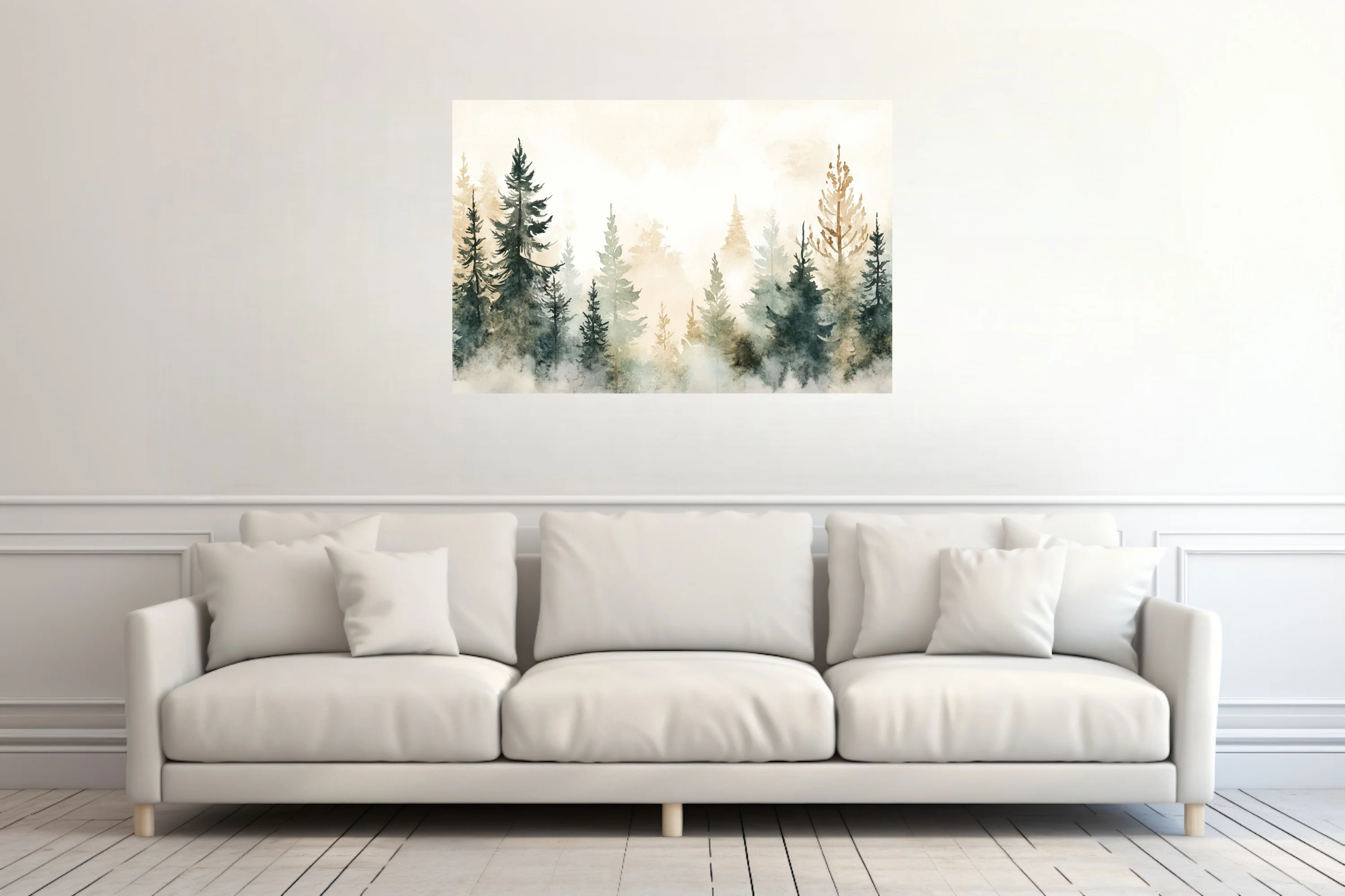 Misty watercolor-style pine forest in sage, teal, and amber tones