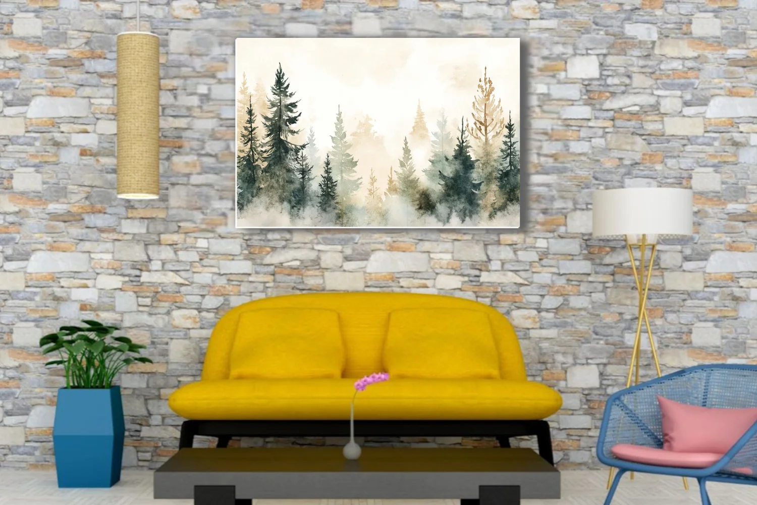 Misty watercolor-style pine forest in sage, teal, and amber tones