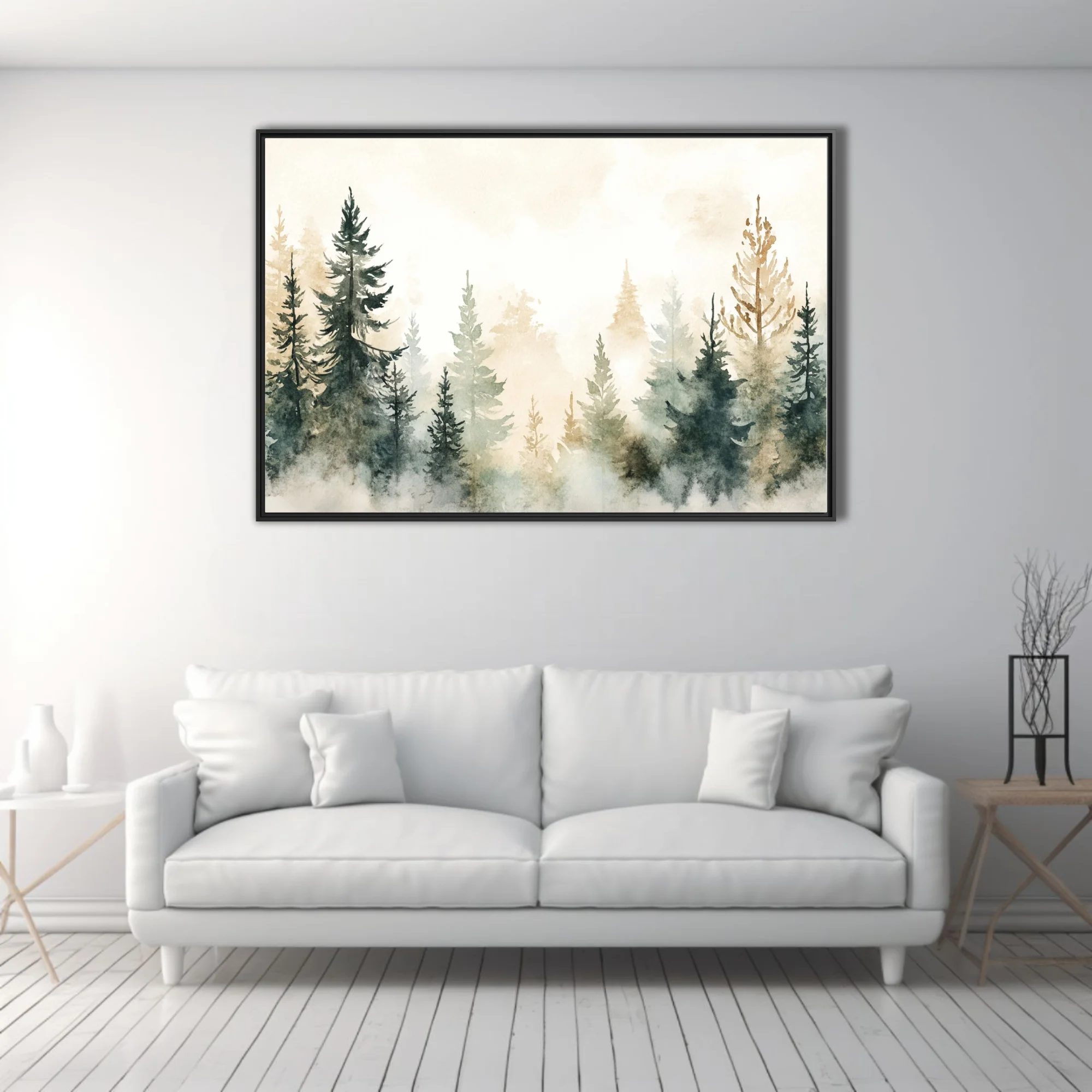 Misty watercolor-style pine forest in sage, teal, and amber tones