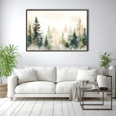 Misty watercolor-style pine forest in sage, teal, and amber tones