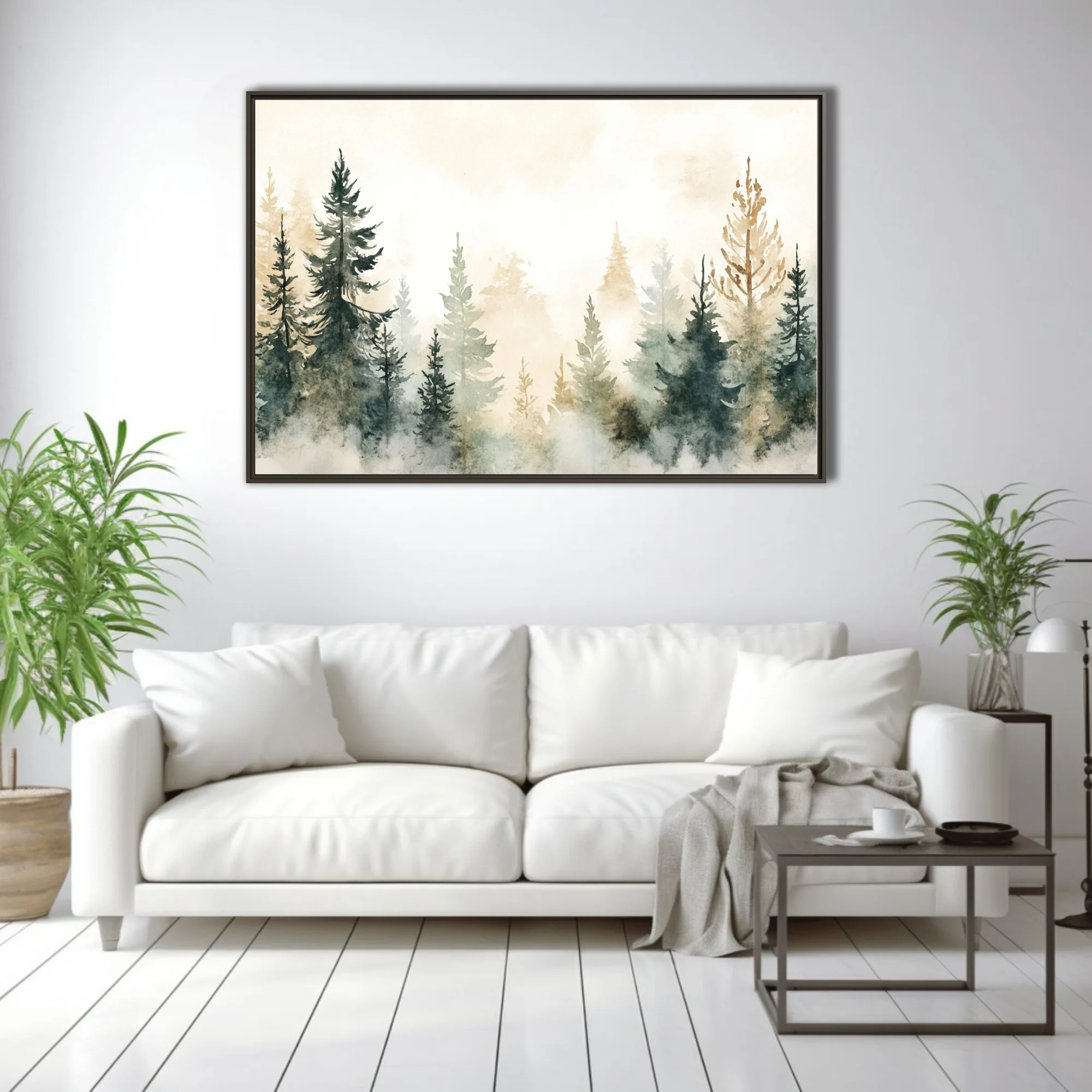 Misty watercolor-style pine forest in sage, teal, and amber tones