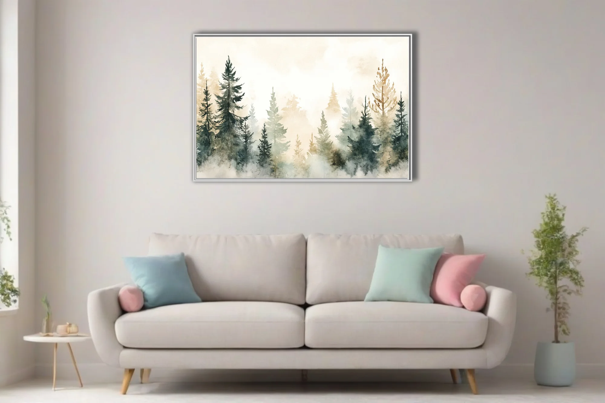Misty watercolor-style pine forest in sage, teal, and amber tones