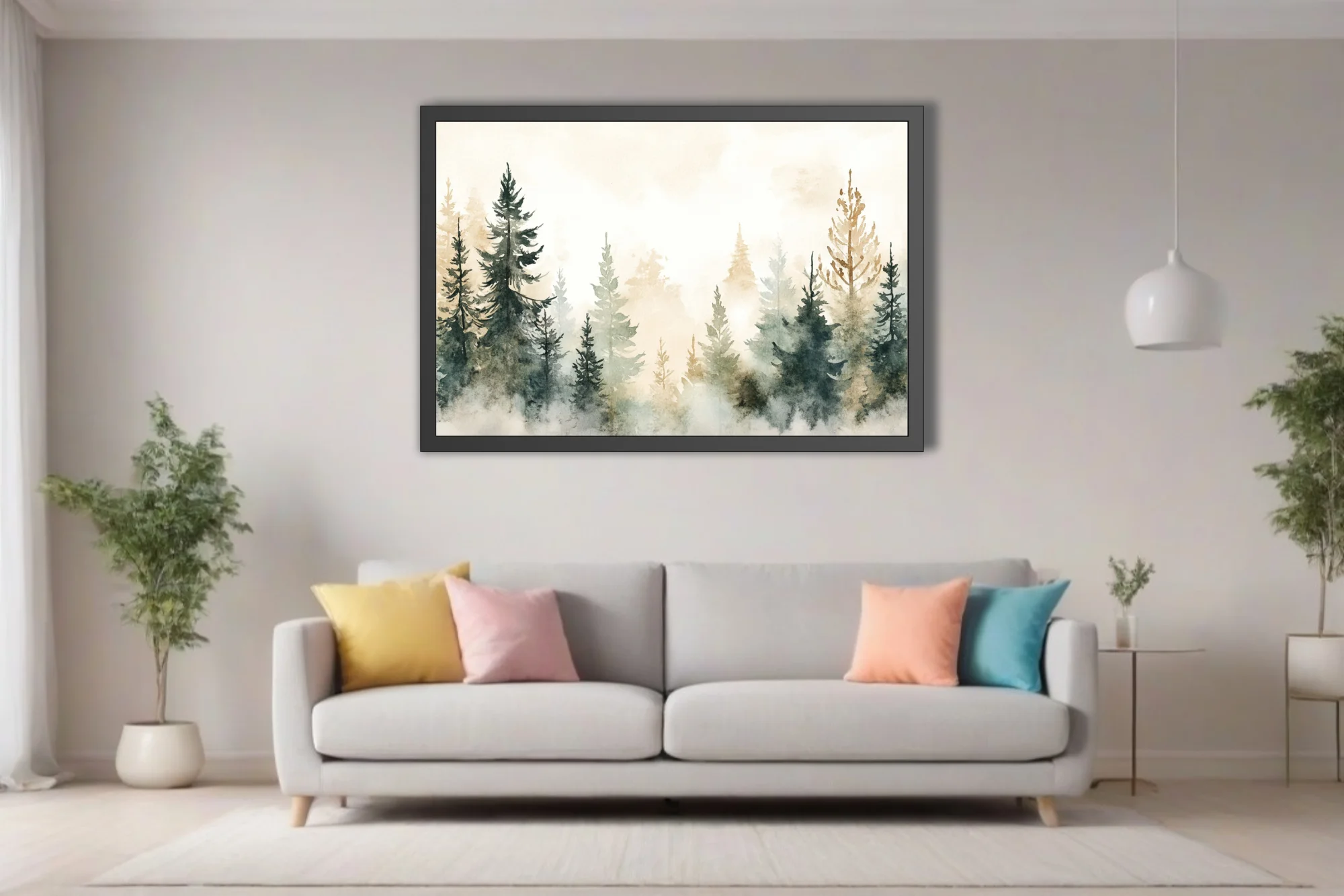 Misty watercolor-style pine forest in sage, teal, and amber tones