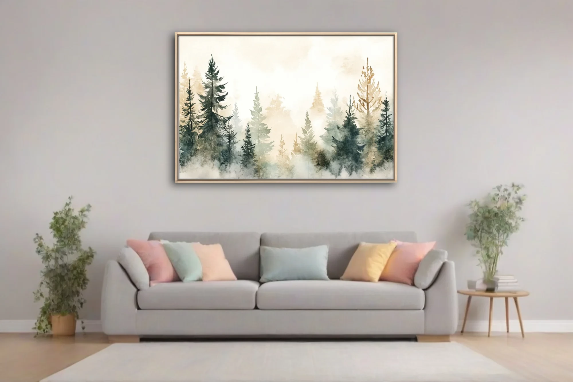 Misty watercolor-style pine forest in sage, teal, and amber tones