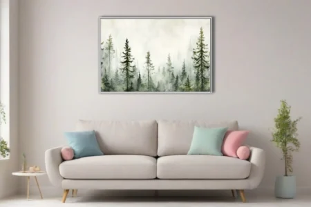Misty watercolor-style pine forest in soft sage and moss greens