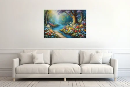 Enchanted forest stream lined with wildflowers, strokes in luminous blues and pastels