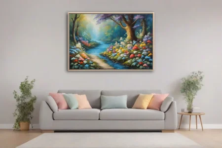 Enchanted forest stream lined with wildflowers, strokes in luminous blues and pastels