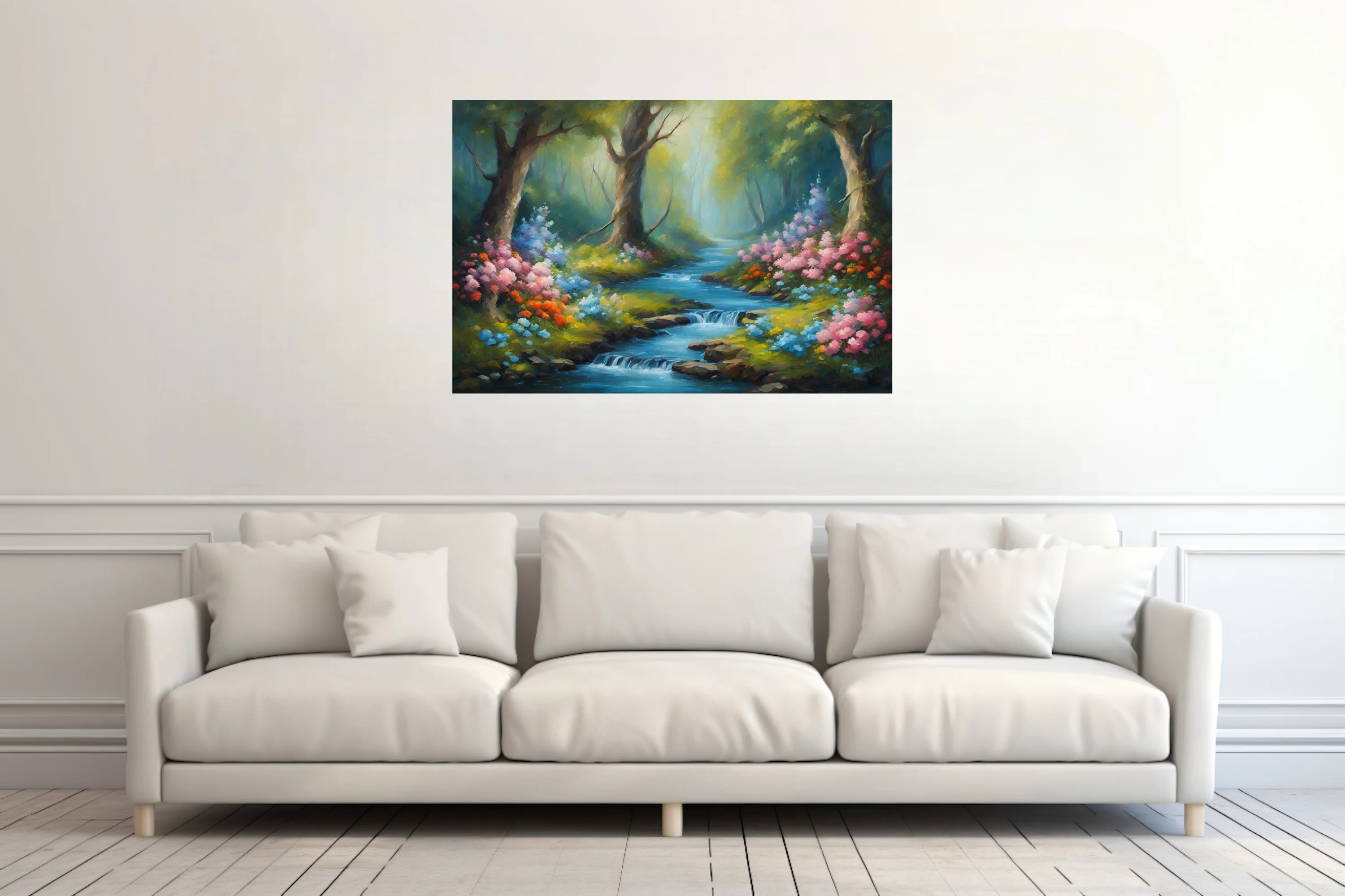Enchanted forest stream with pink and orange blossoms in painterly landscape art