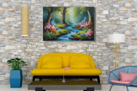 Enchanted forest stream with pink and orange blossoms in painterly landscape art