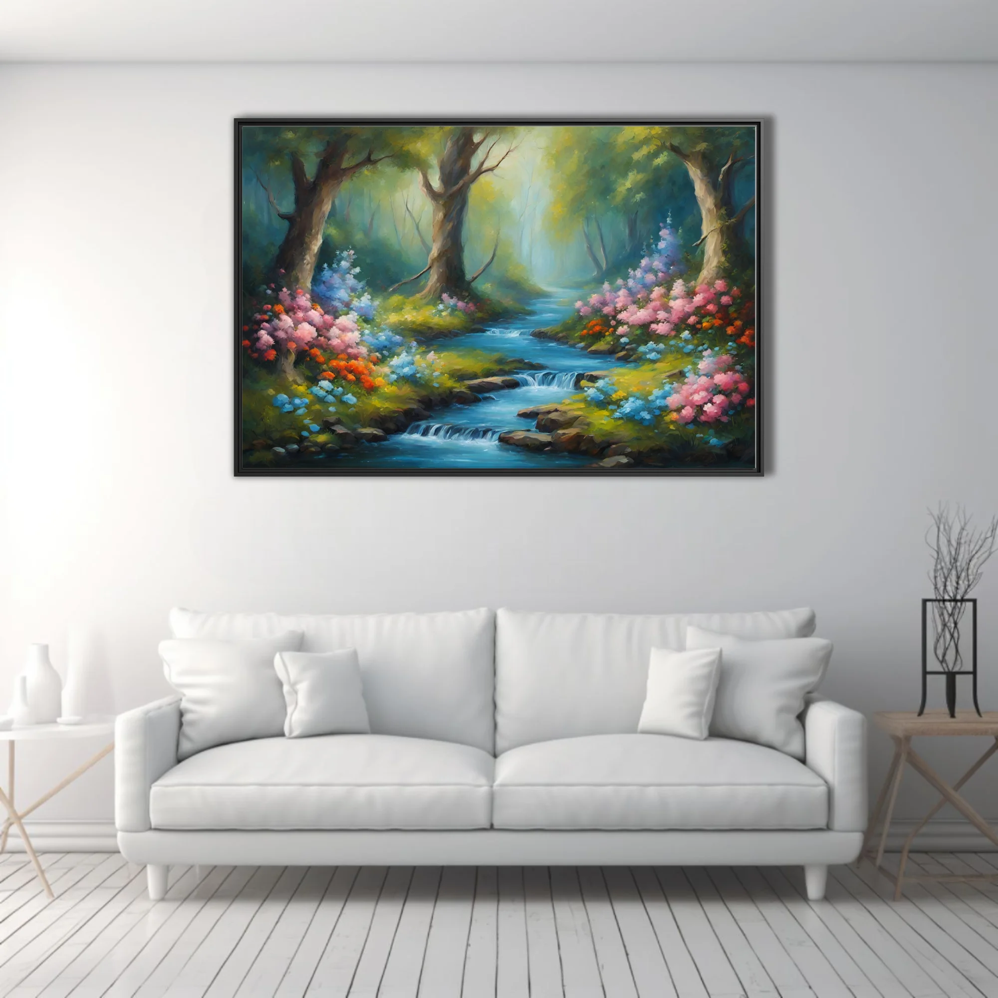 Enchanted forest stream with pink and orange blossoms in painterly landscape art