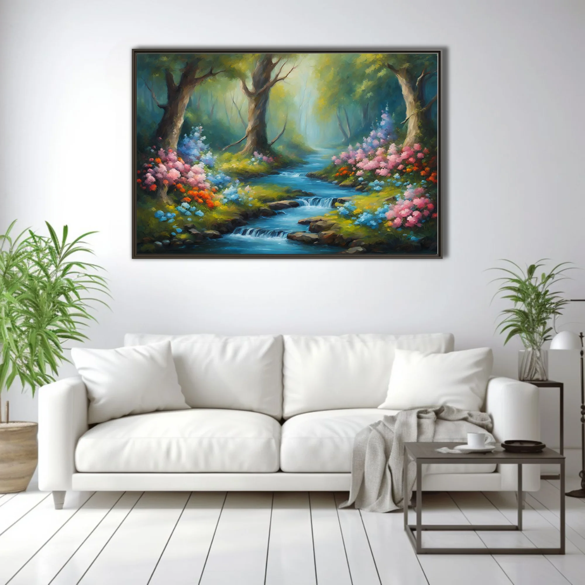 Enchanted forest stream with pink and orange blossoms in painterly landscape art
