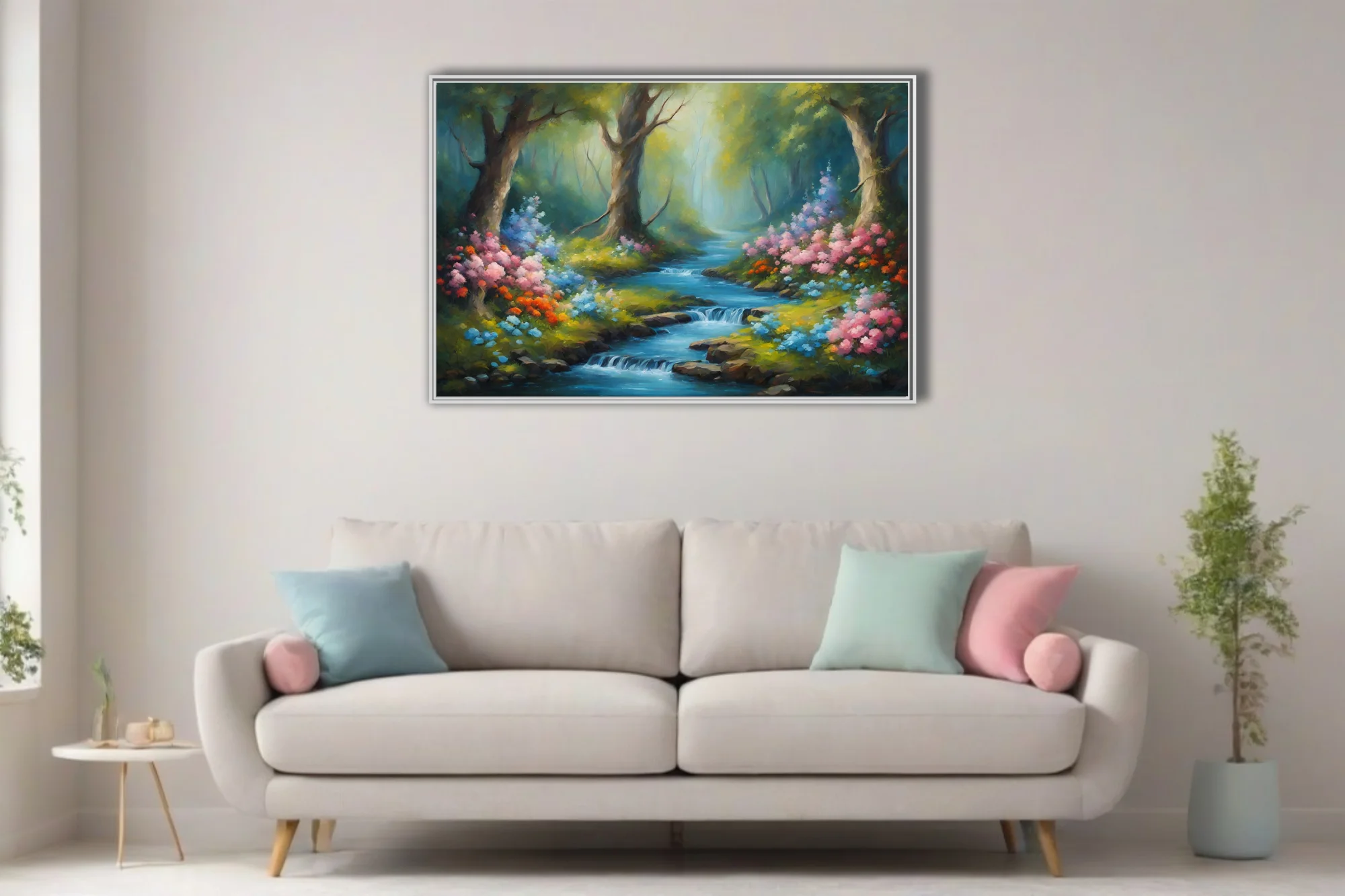 Enchanted forest stream with pink and orange blossoms in painterly landscape art