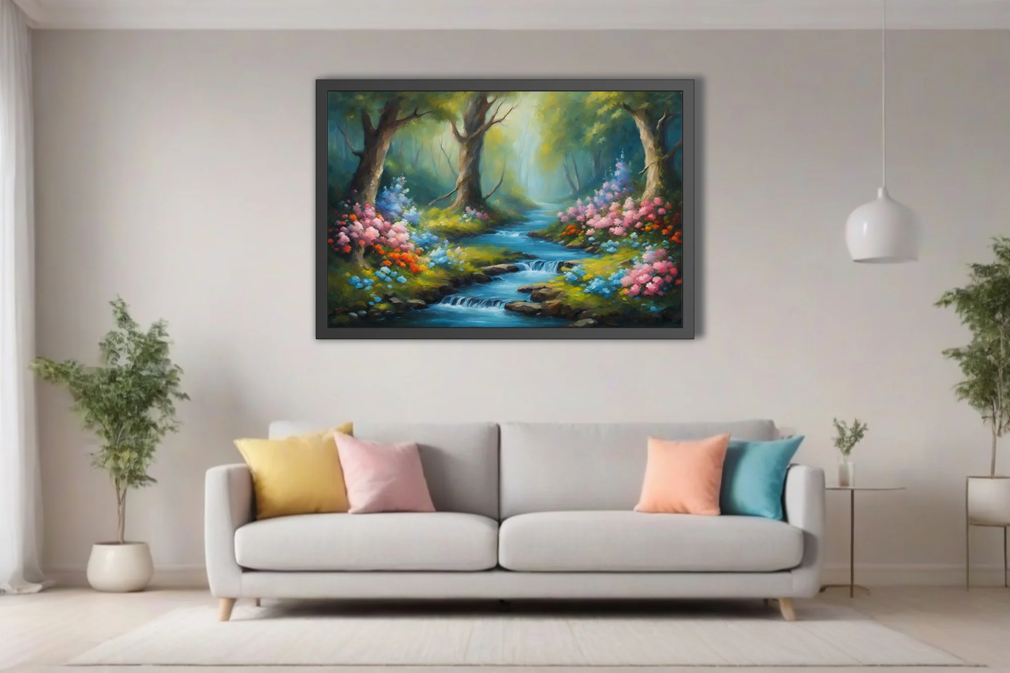 Enchanted forest stream with pink and orange blossoms in painterly landscape art
