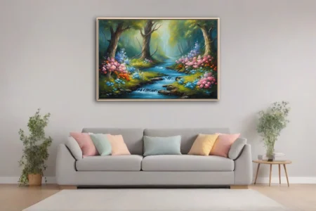 Enchanted forest stream with pink and orange blossoms in painterly landscape art
