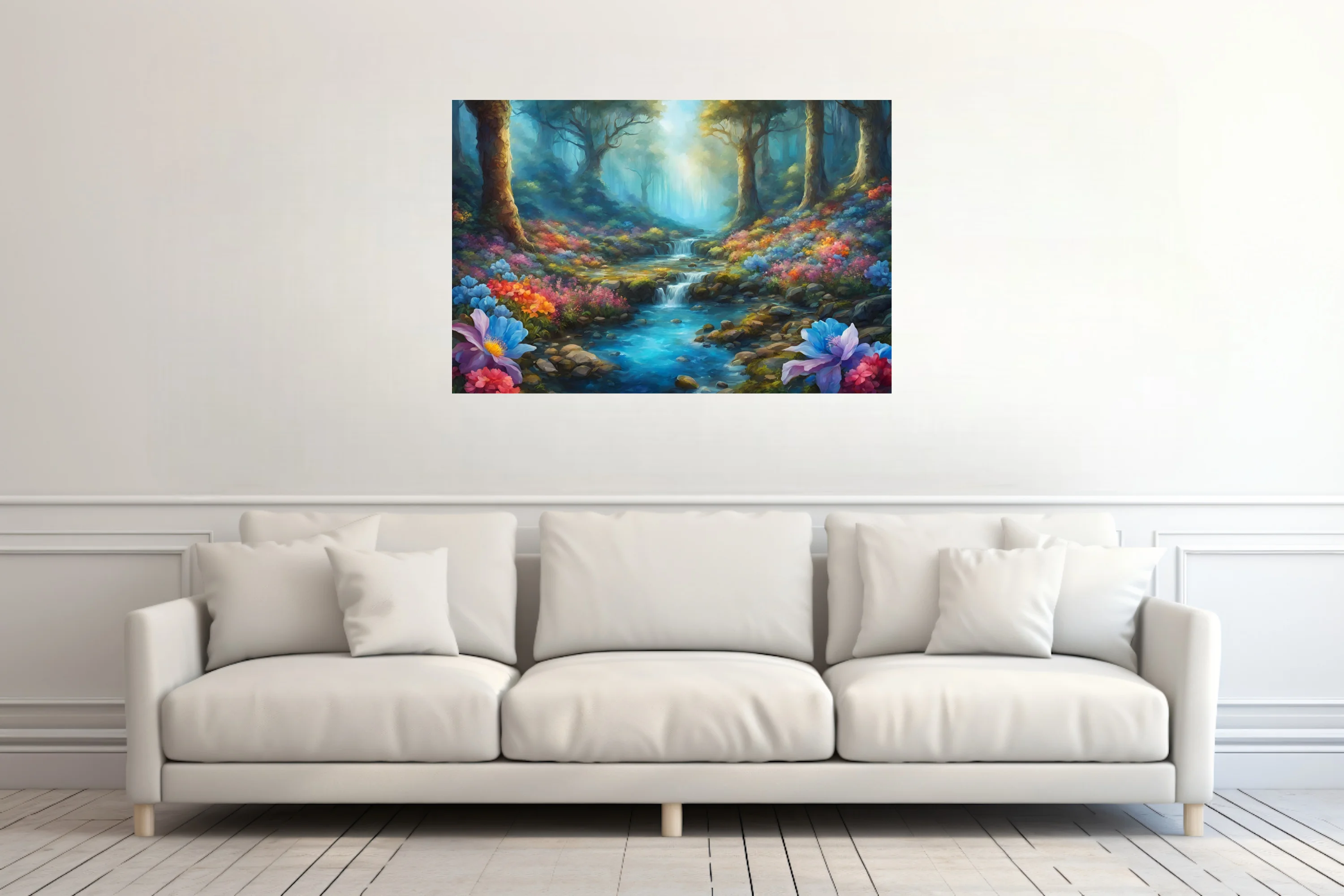 Fantasy forest stream with colorful blooms and ethereal light, landscape art
