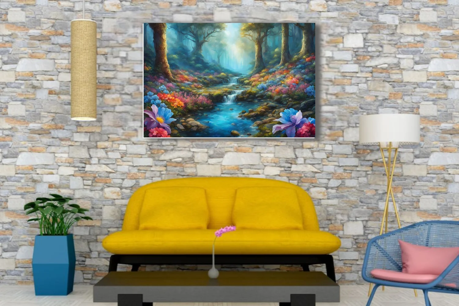 Fantasy forest stream with colorful blooms and ethereal light, landscape art