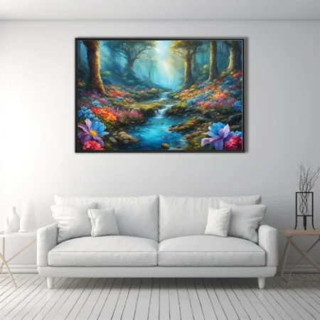 Fantasy forest stream with colorful blooms and ethereal light, landscape art
