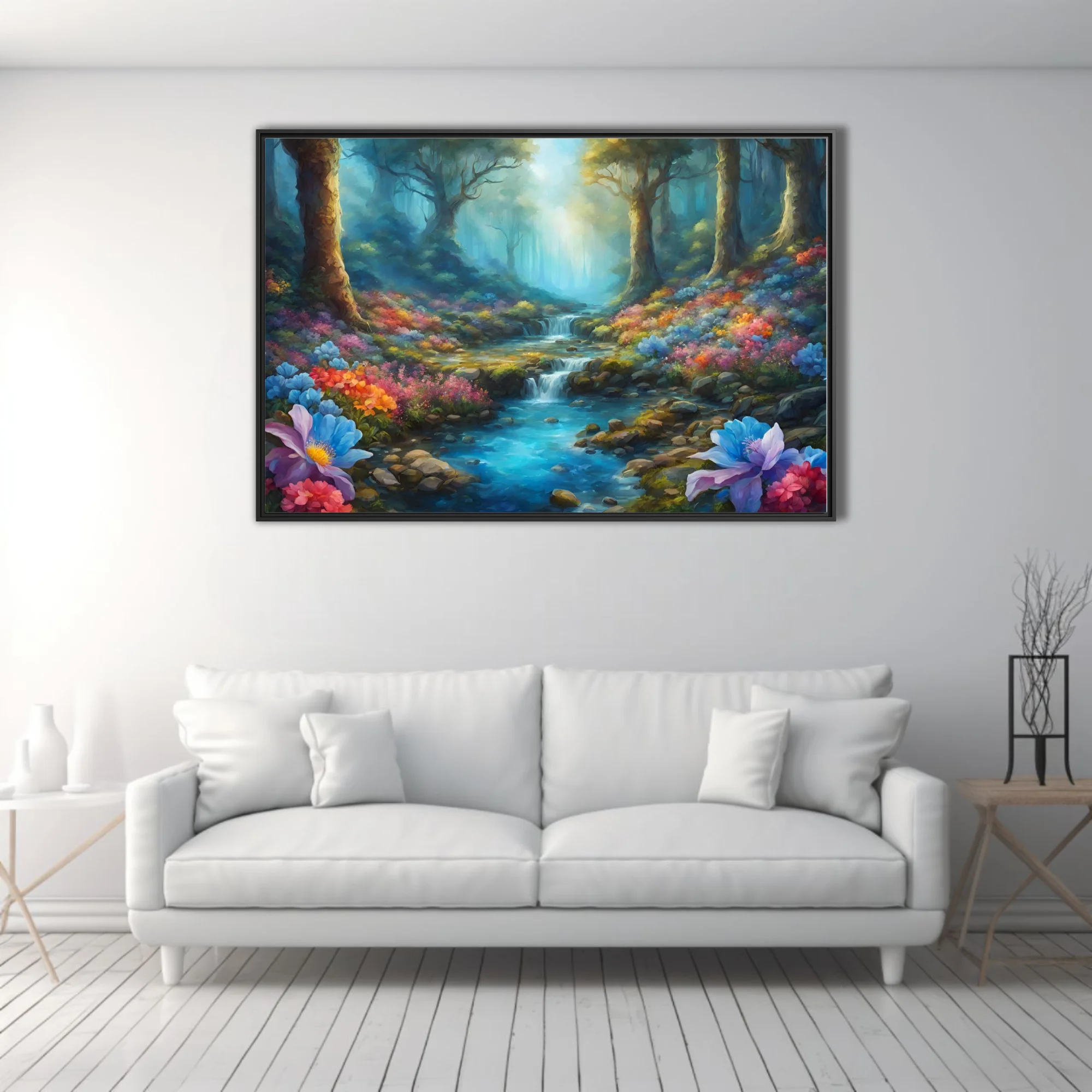 Fantasy forest stream with colorful blooms and ethereal light, landscape art