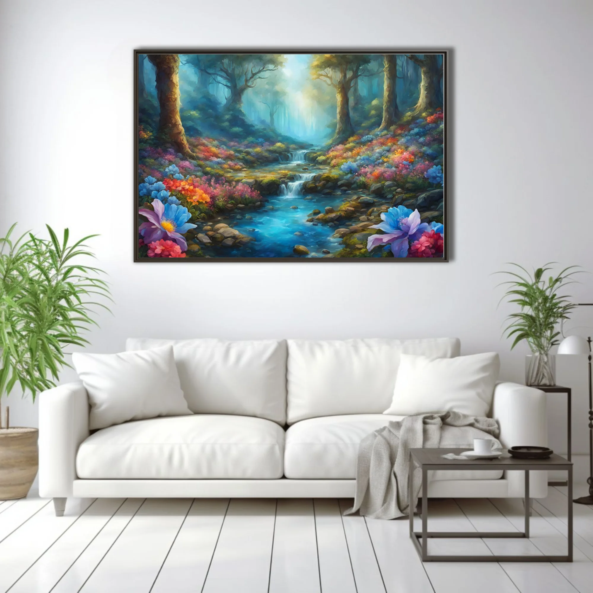 Fantasy forest stream with colorful blooms and ethereal light, landscape art