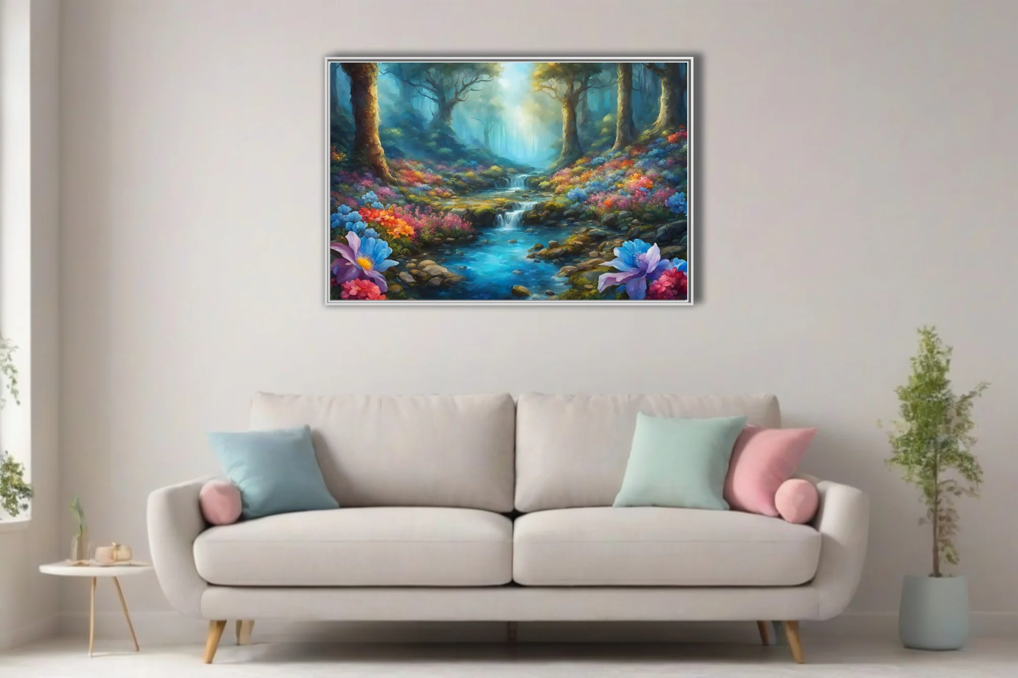 Fantasy forest stream with colorful blooms and ethereal light, landscape art