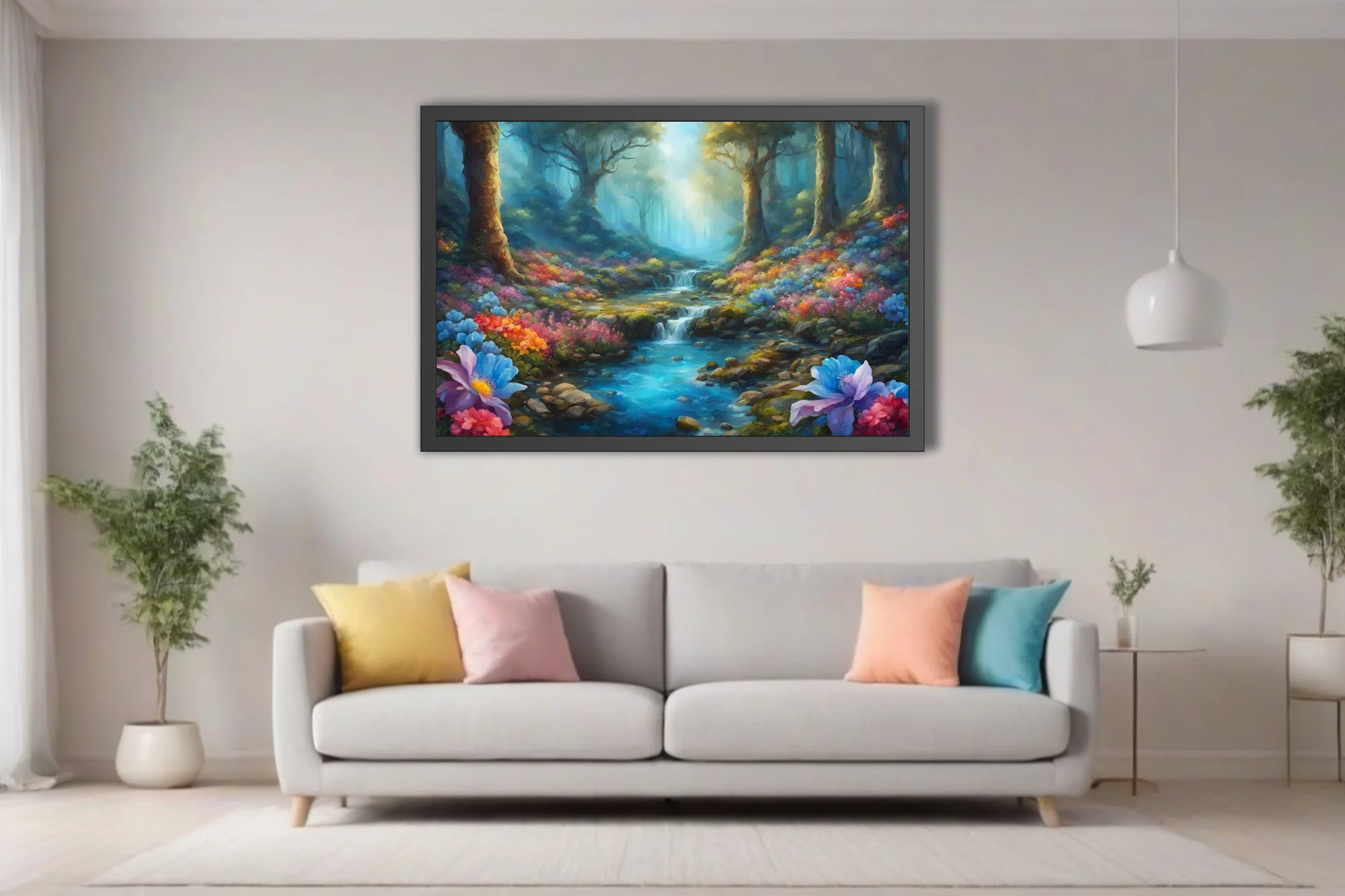 Fantasy forest stream with colorful blooms and ethereal light, landscape art