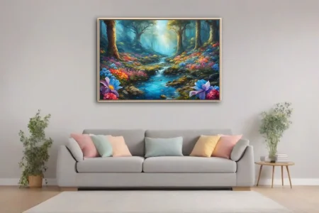 Fantasy forest stream with colorful blooms and ethereal light, landscape art
