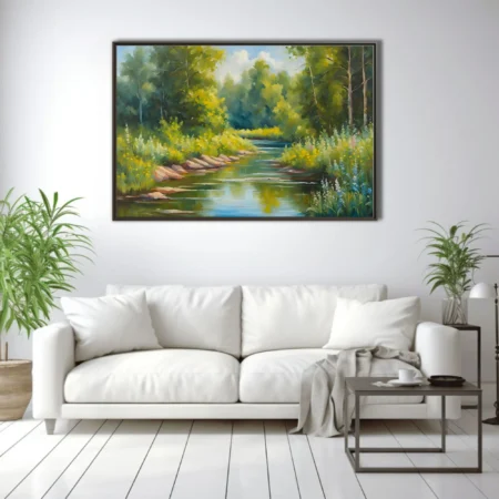 Painterly forest river landscape with wildflowers, lush greens, and sunlit summer water
