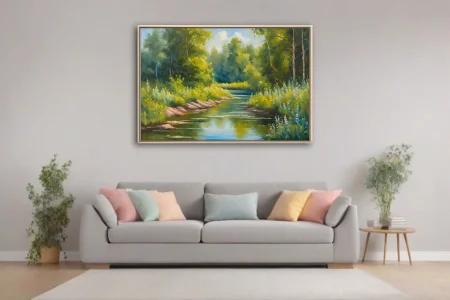 Painterly forest river landscape with wildflowers, lush greens, and sunlit summer water