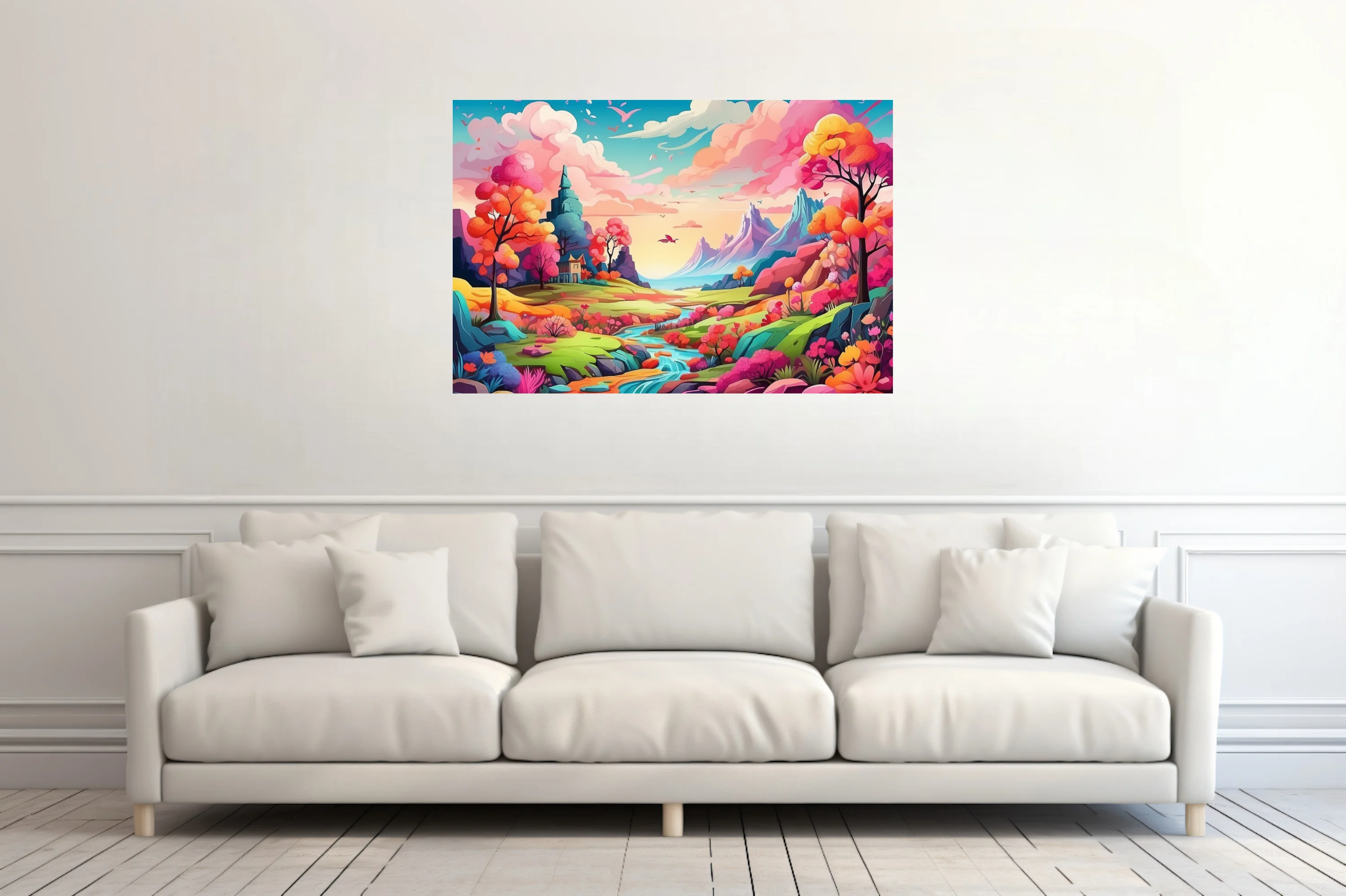 Cartoon fantasy landscape with vivid rainbow trees, winding river, and mountain backdrop