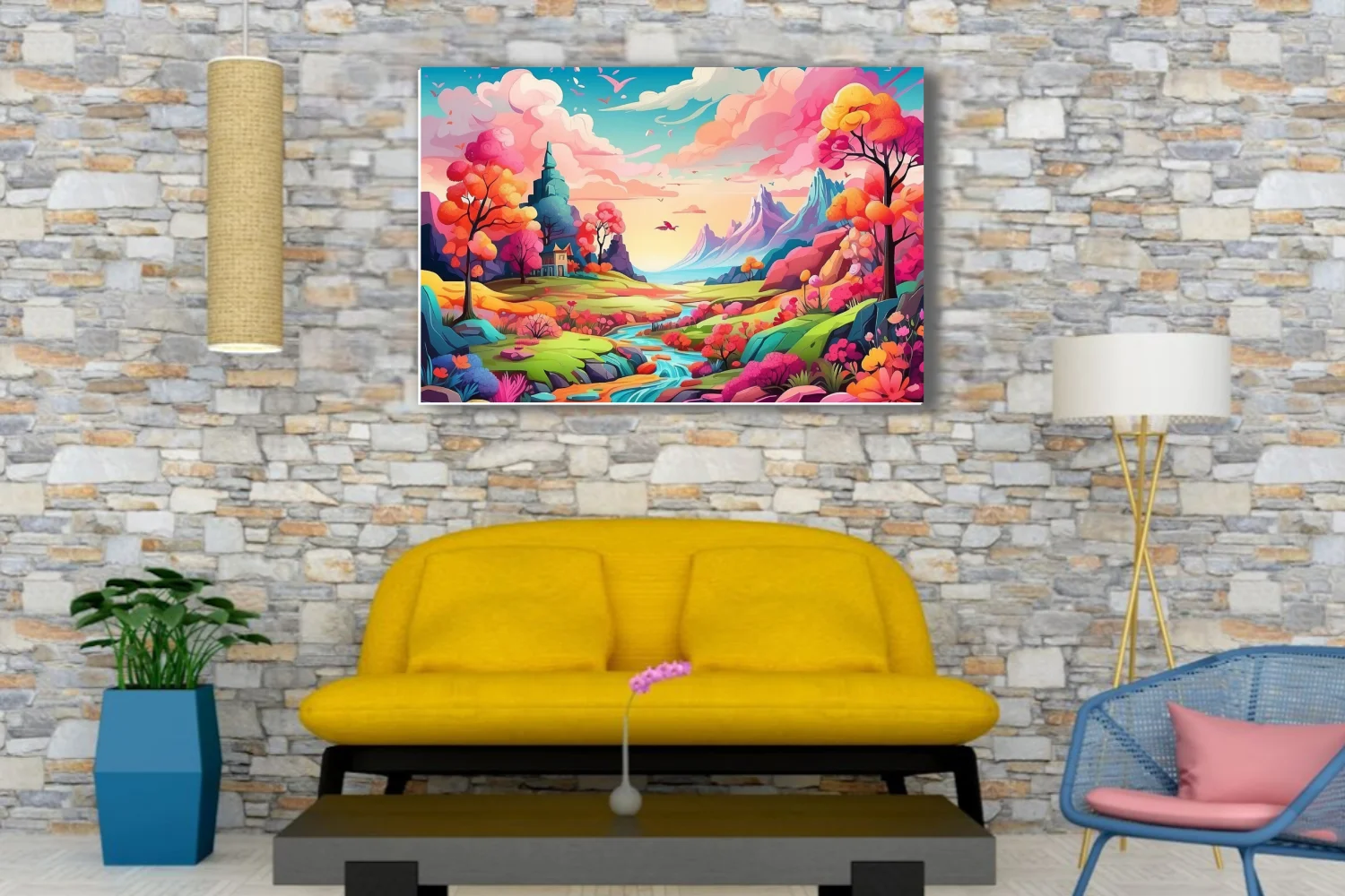Cartoon fantasy landscape with vivid rainbow trees, winding river, and mountain backdrop