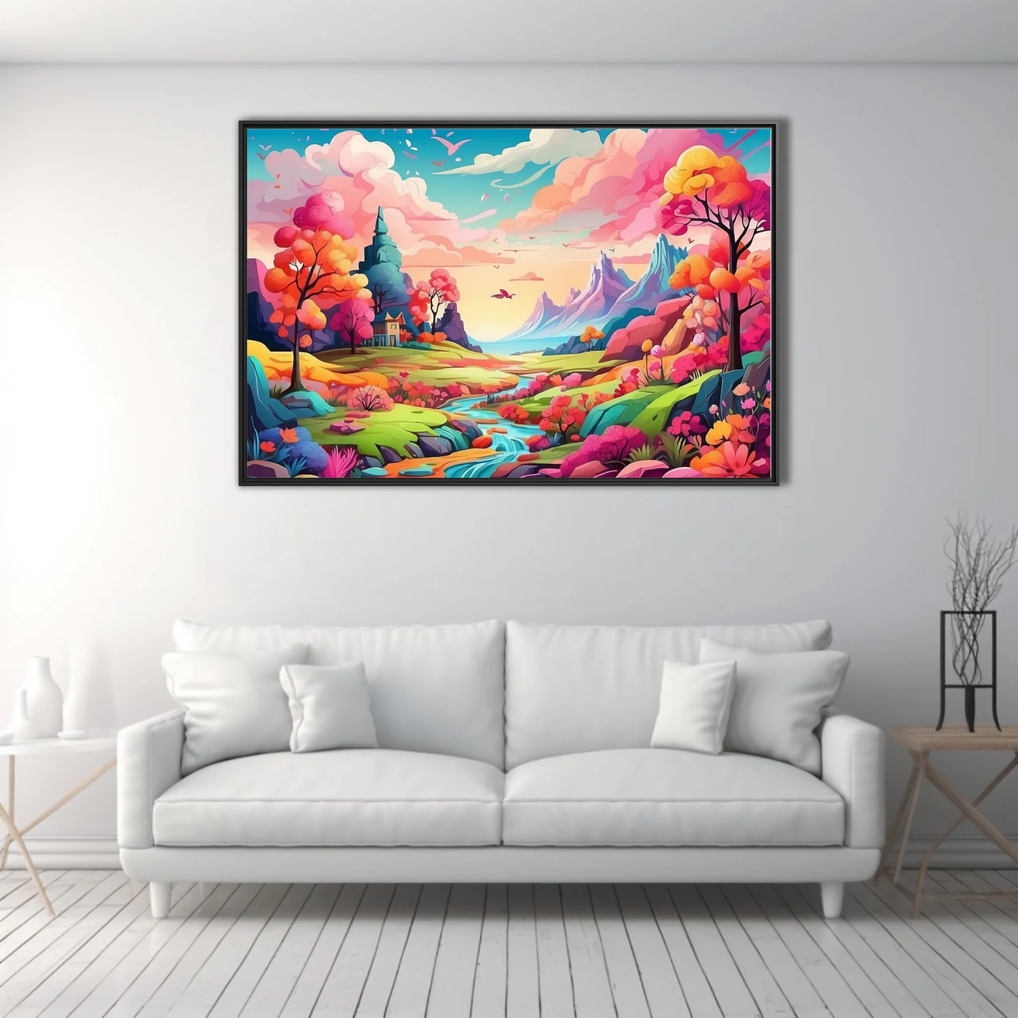 Cartoon fantasy landscape with vivid rainbow trees, winding river, and mountain backdrop