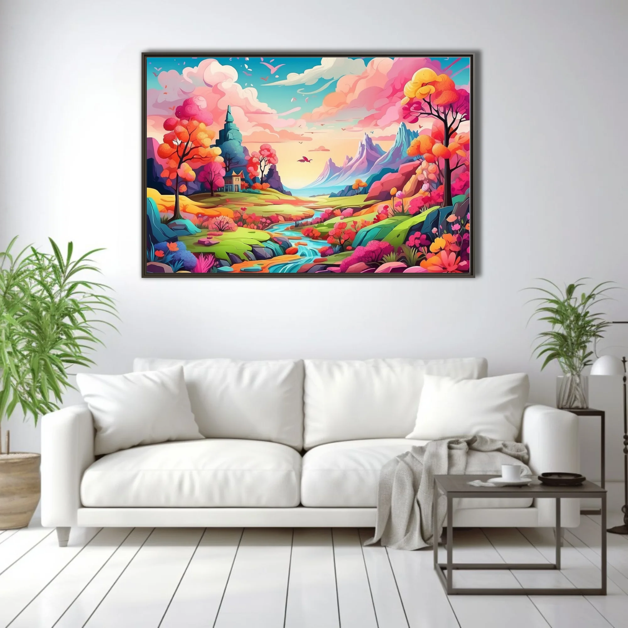 Cartoon fantasy landscape with vivid rainbow trees, winding river, and mountain backdrop