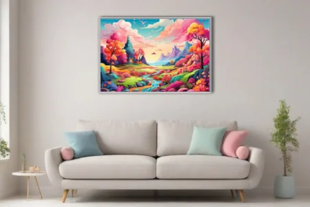 Cartoon fantasy landscape with vivid rainbow trees, winding river, and mountain backdrop