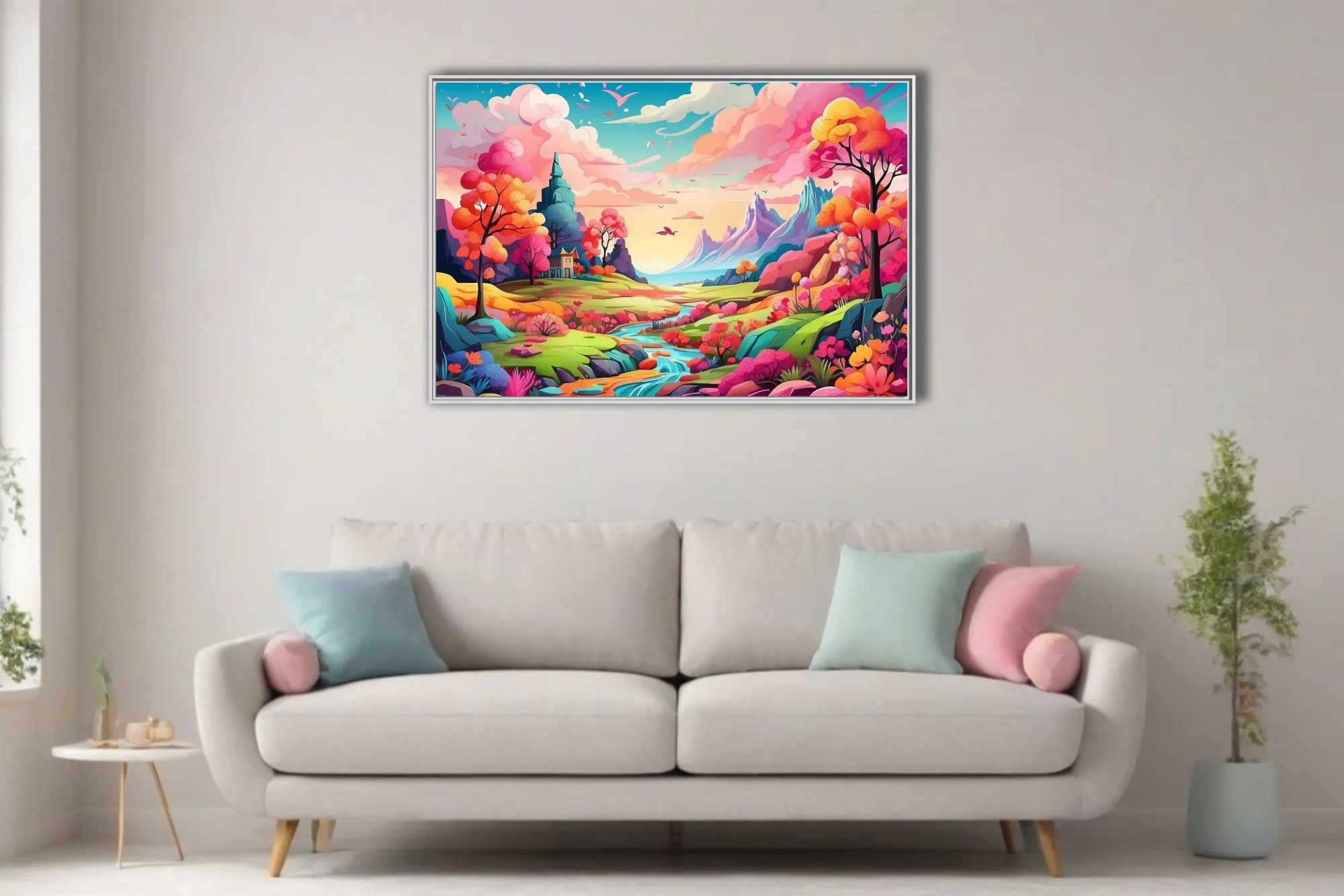 Cartoon fantasy landscape with vivid rainbow trees, winding river, and mountain backdrop