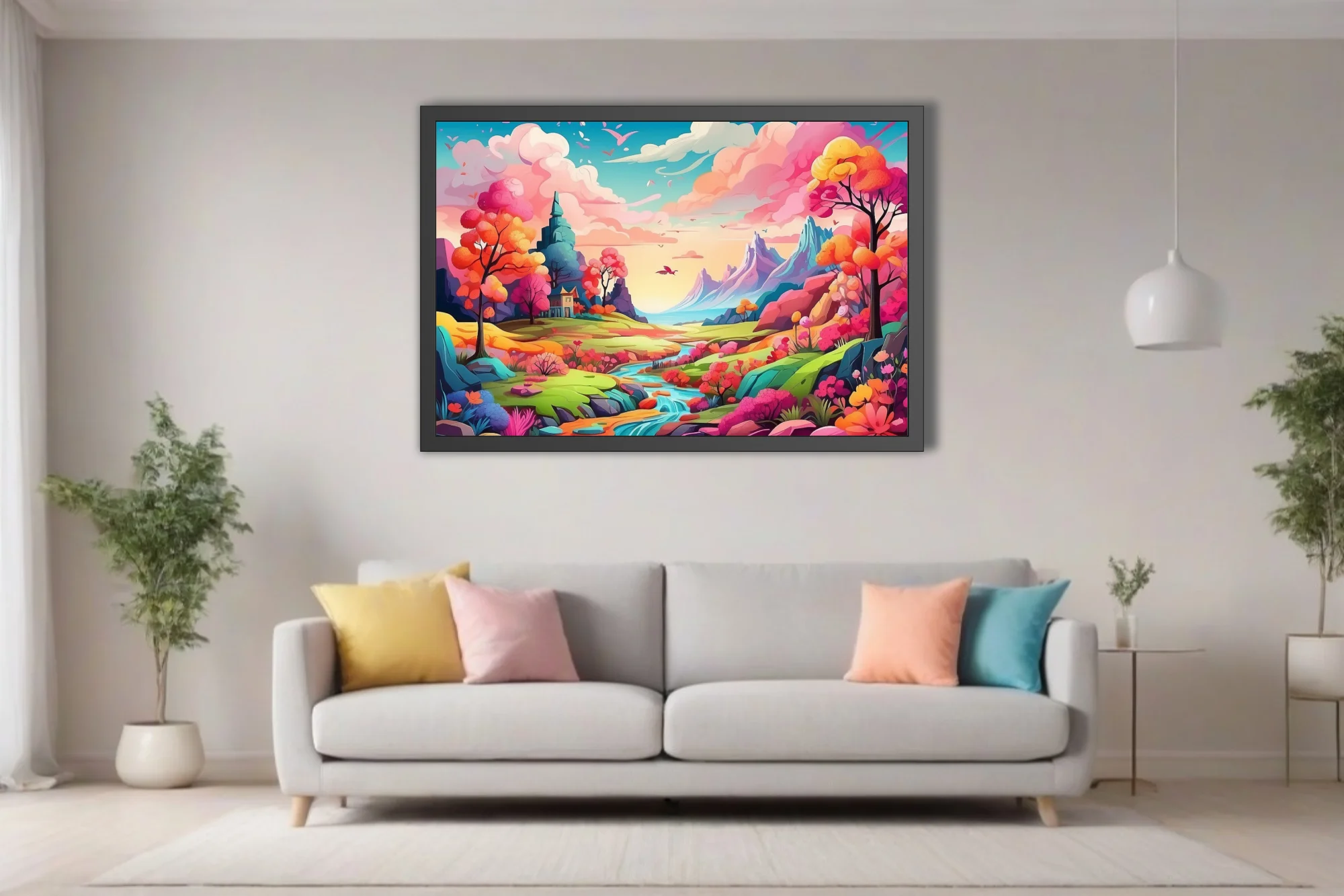 Cartoon fantasy landscape with vivid rainbow trees, winding river, and mountain backdrop