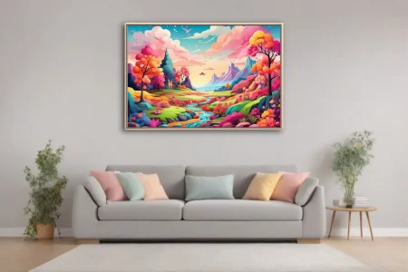 Cartoon fantasy landscape with vivid rainbow trees, winding river, and mountain backdrop