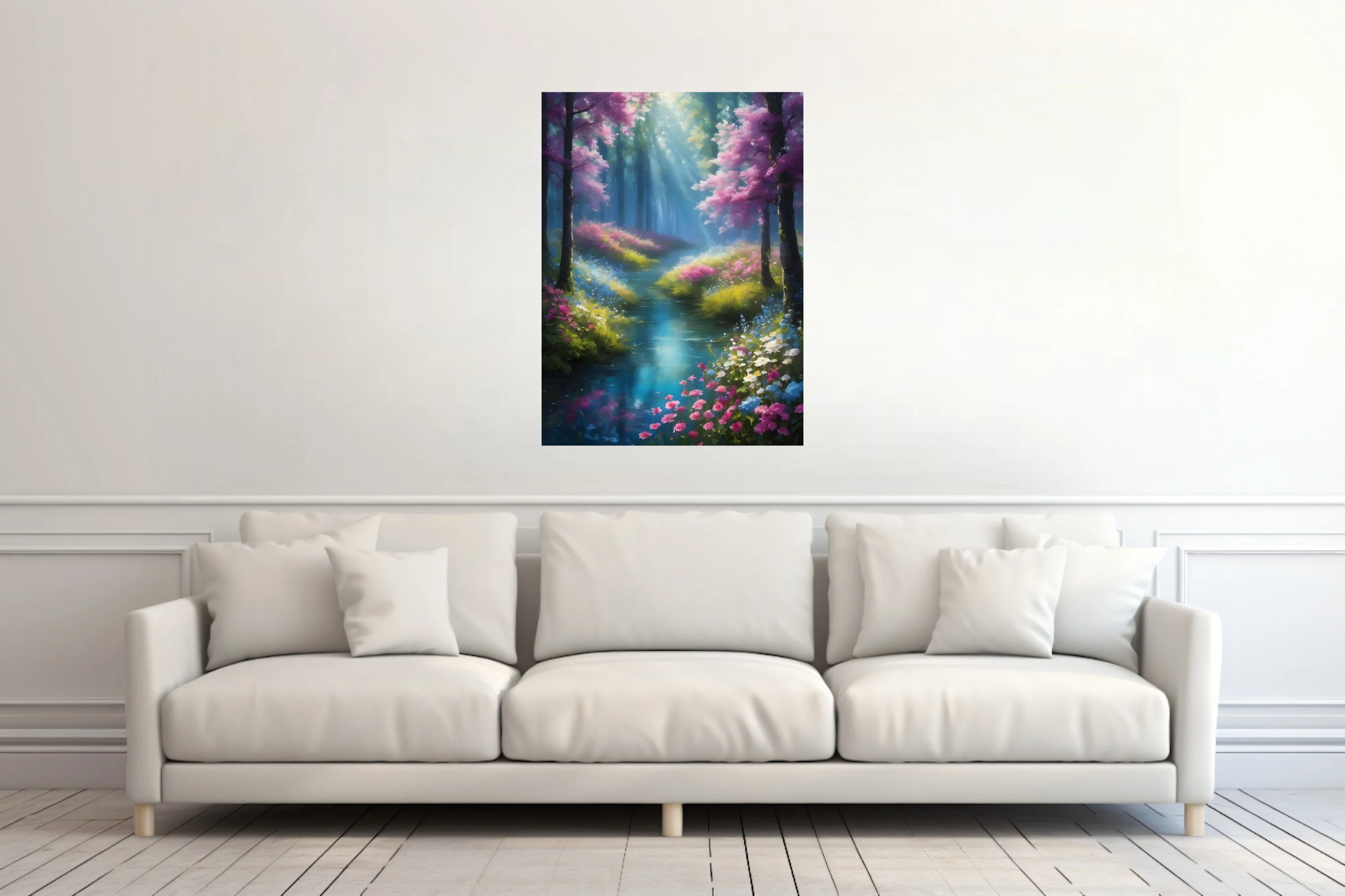 Painterly fantasy forest stream with glowing light rays and vivid floral blooms