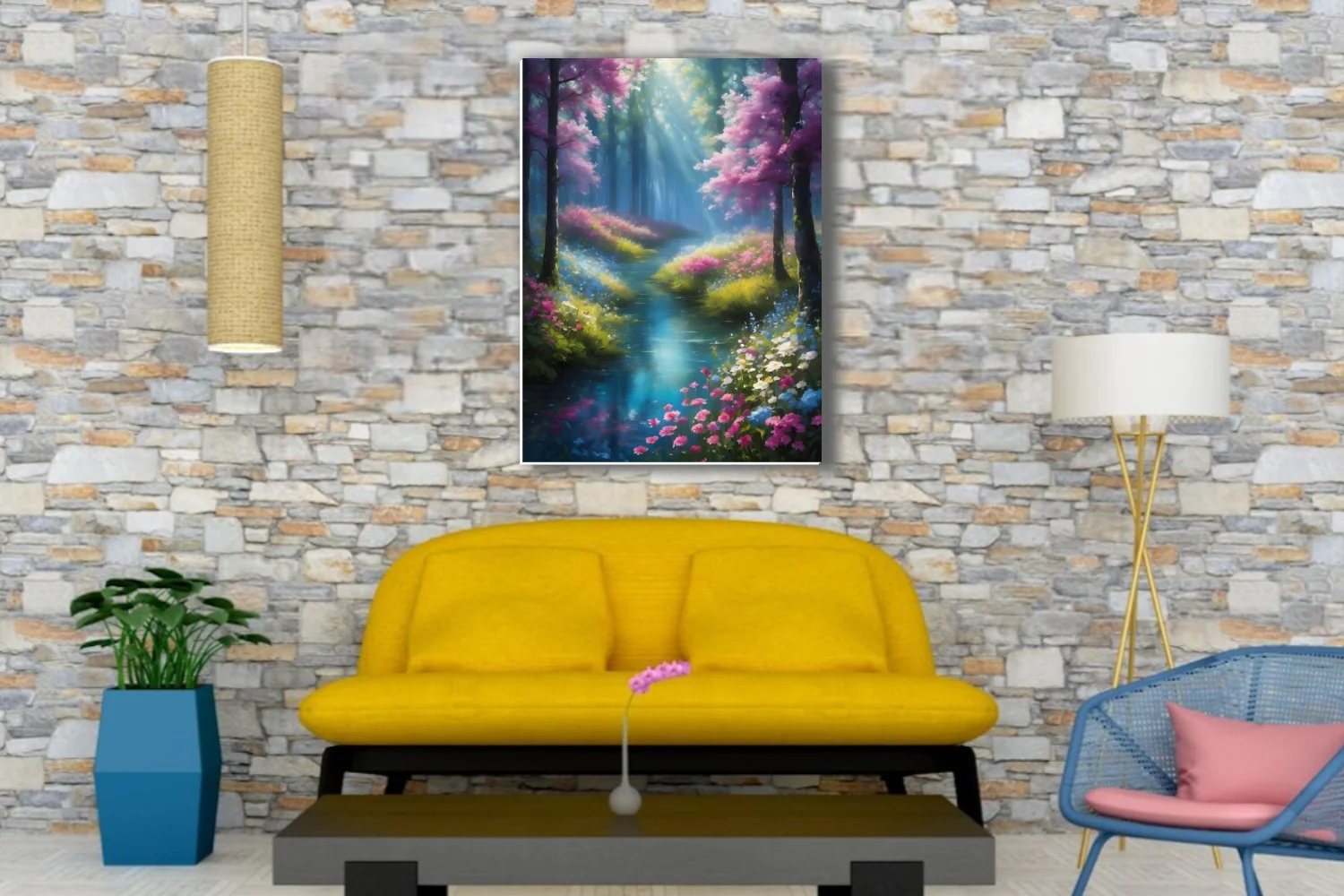 Painterly fantasy forest stream with glowing light rays and vivid floral blooms