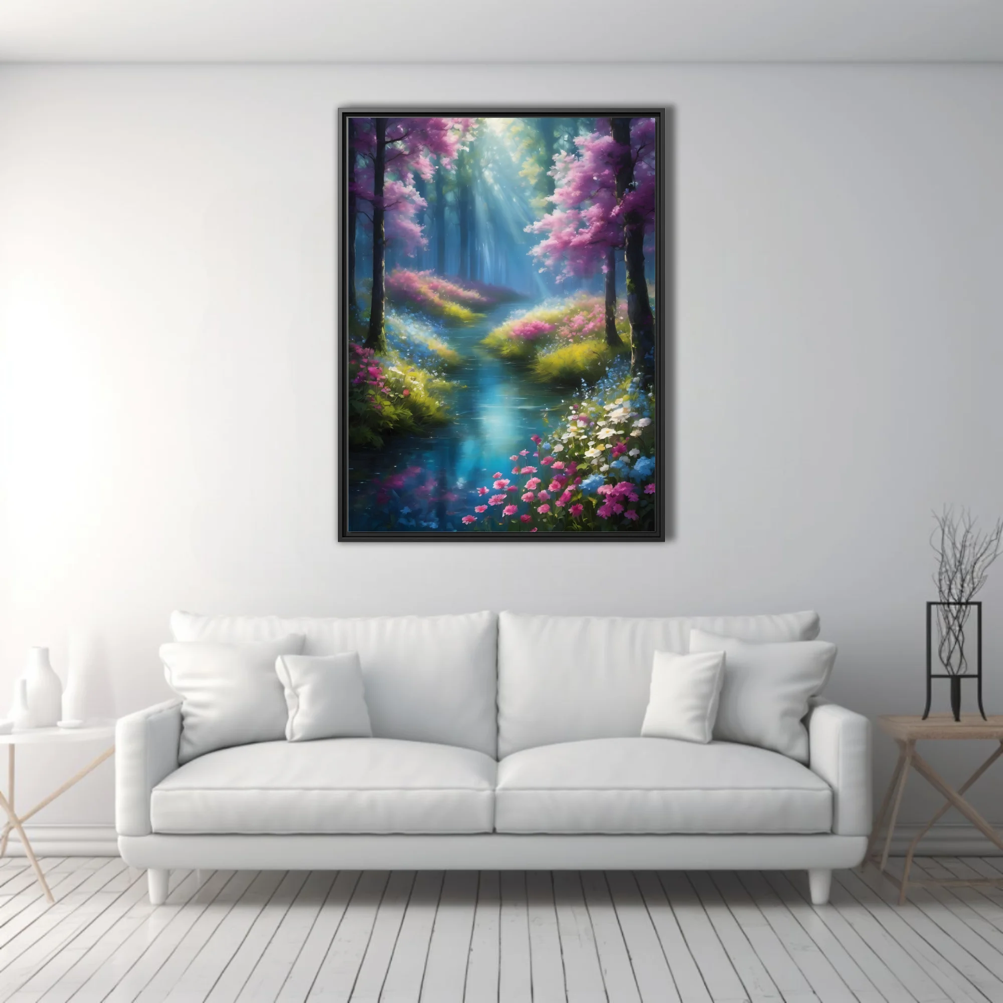 Painterly fantasy forest stream with glowing light rays and vivid floral blooms