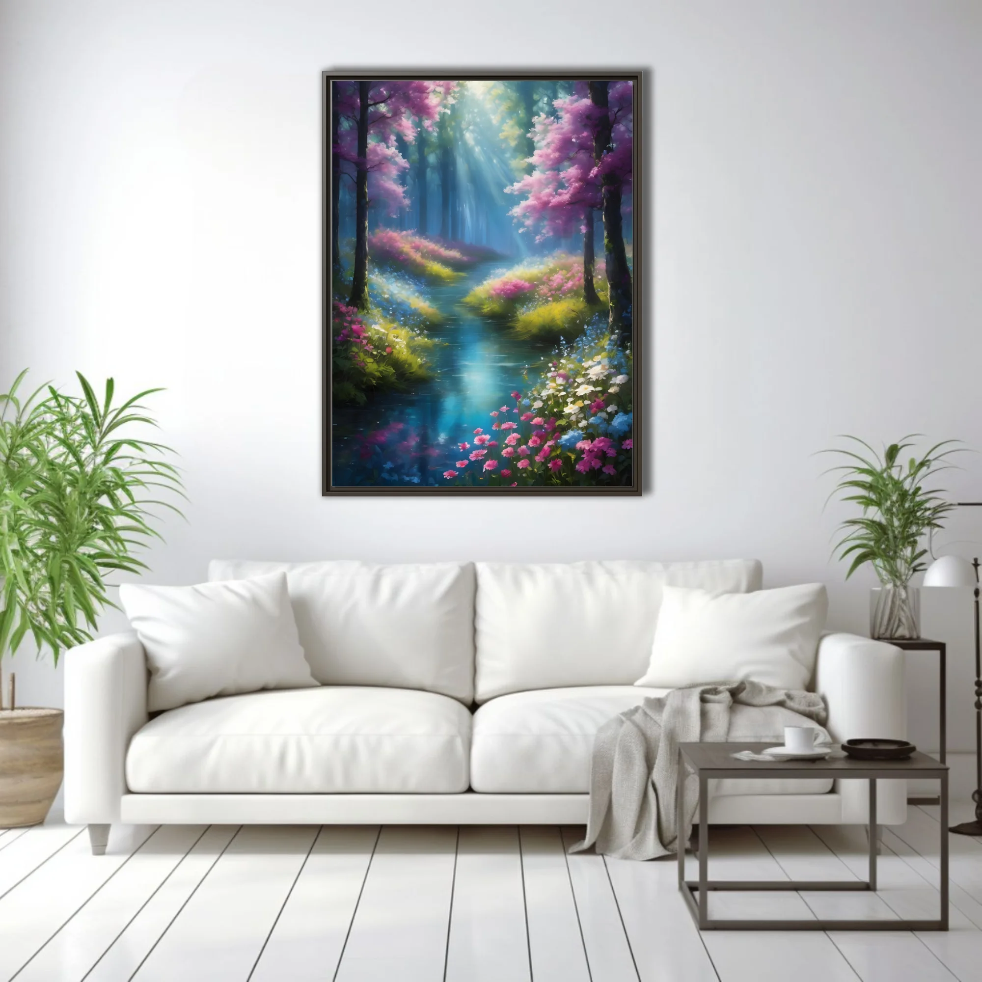 Painterly fantasy forest stream with glowing light rays and vivid floral blooms